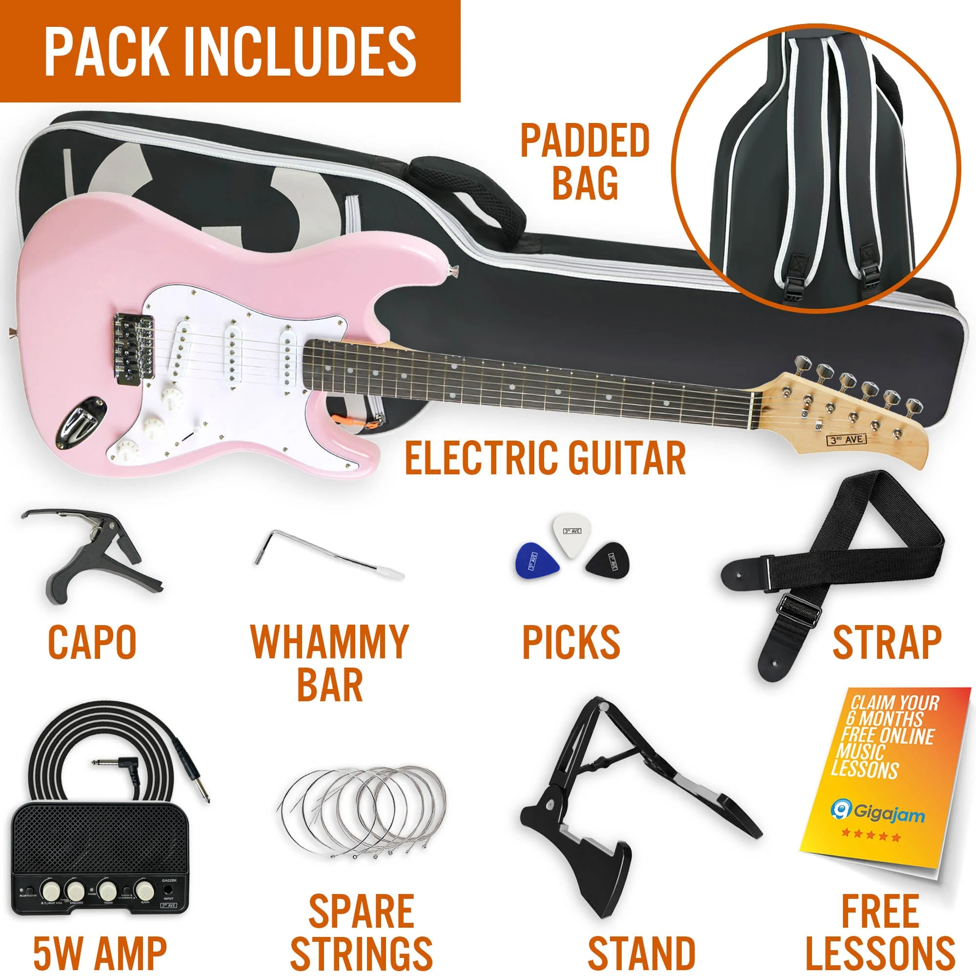 3rd Avenue Electric Guitar Pack - Pastel Pink - Image 3