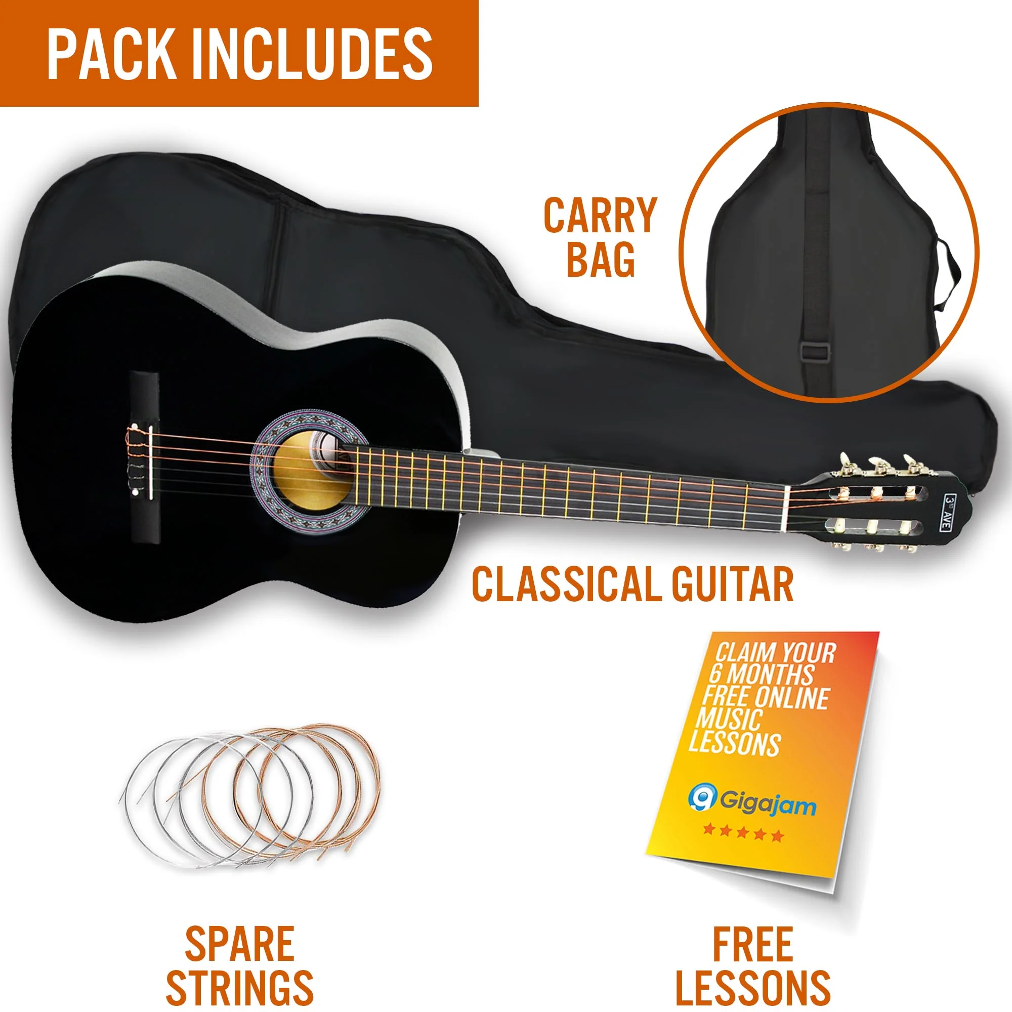 3rd Avenue Full Size Classical Guitar Pack - Black - Image 3