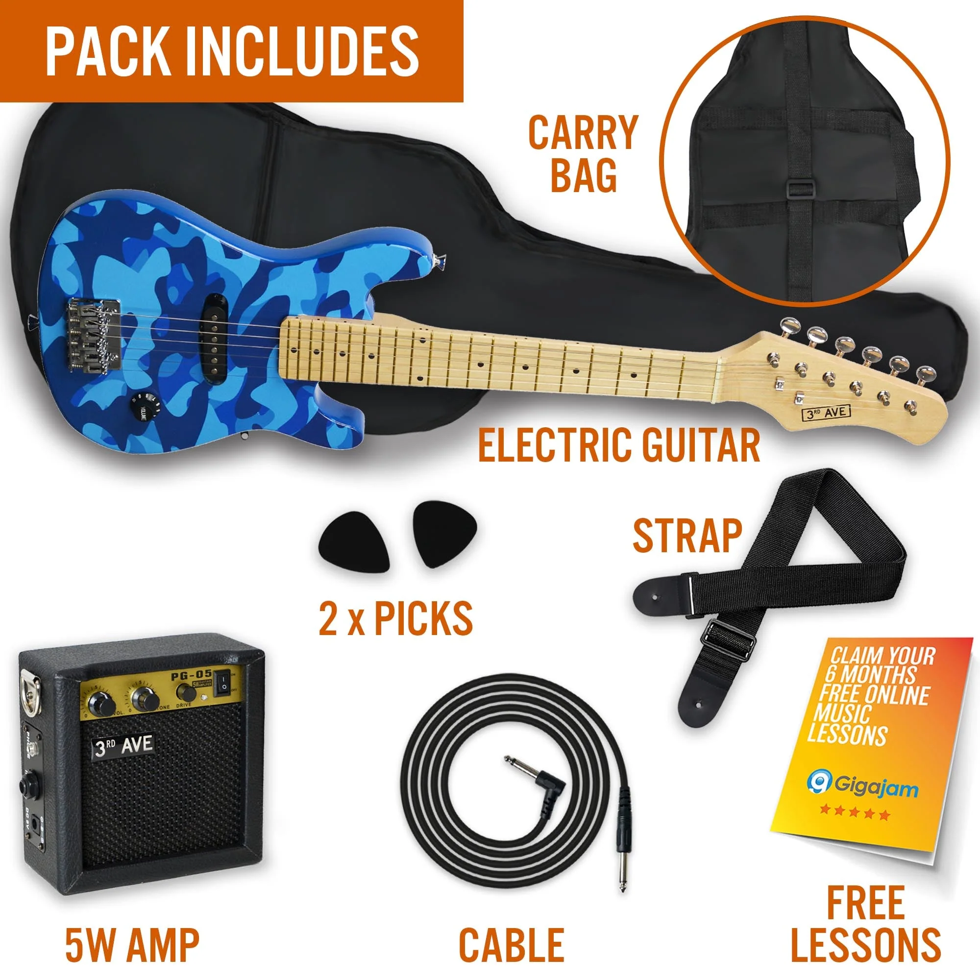 3rd Avenue Junior Electric Guitar Pack - Blue Camo - Image 3