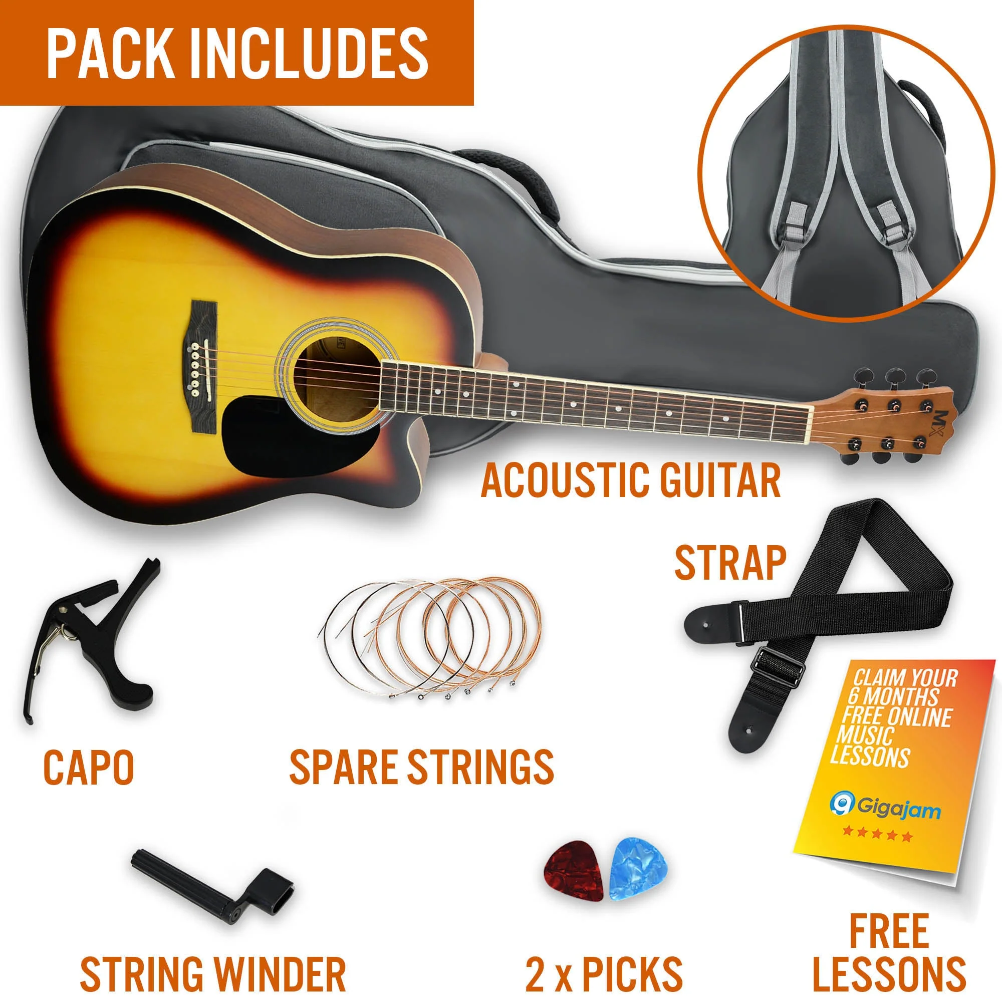 3rd Avenue MX Cutaway Acoustic Guitar Pack - Sunburst - Image 3