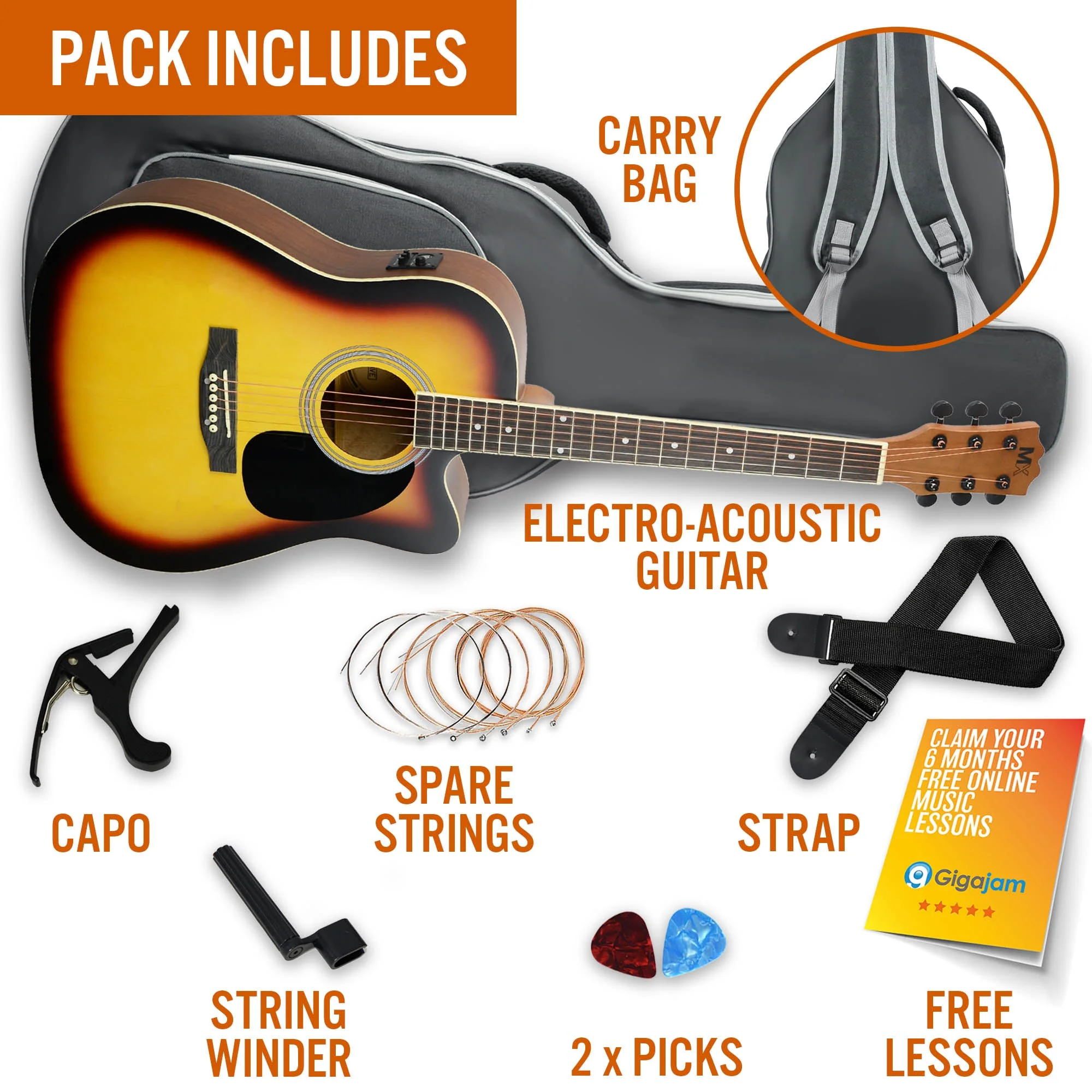 3rd Avenue MX Cutaway Electro Acoustic Guitar Pack - Sunburst - Image 3