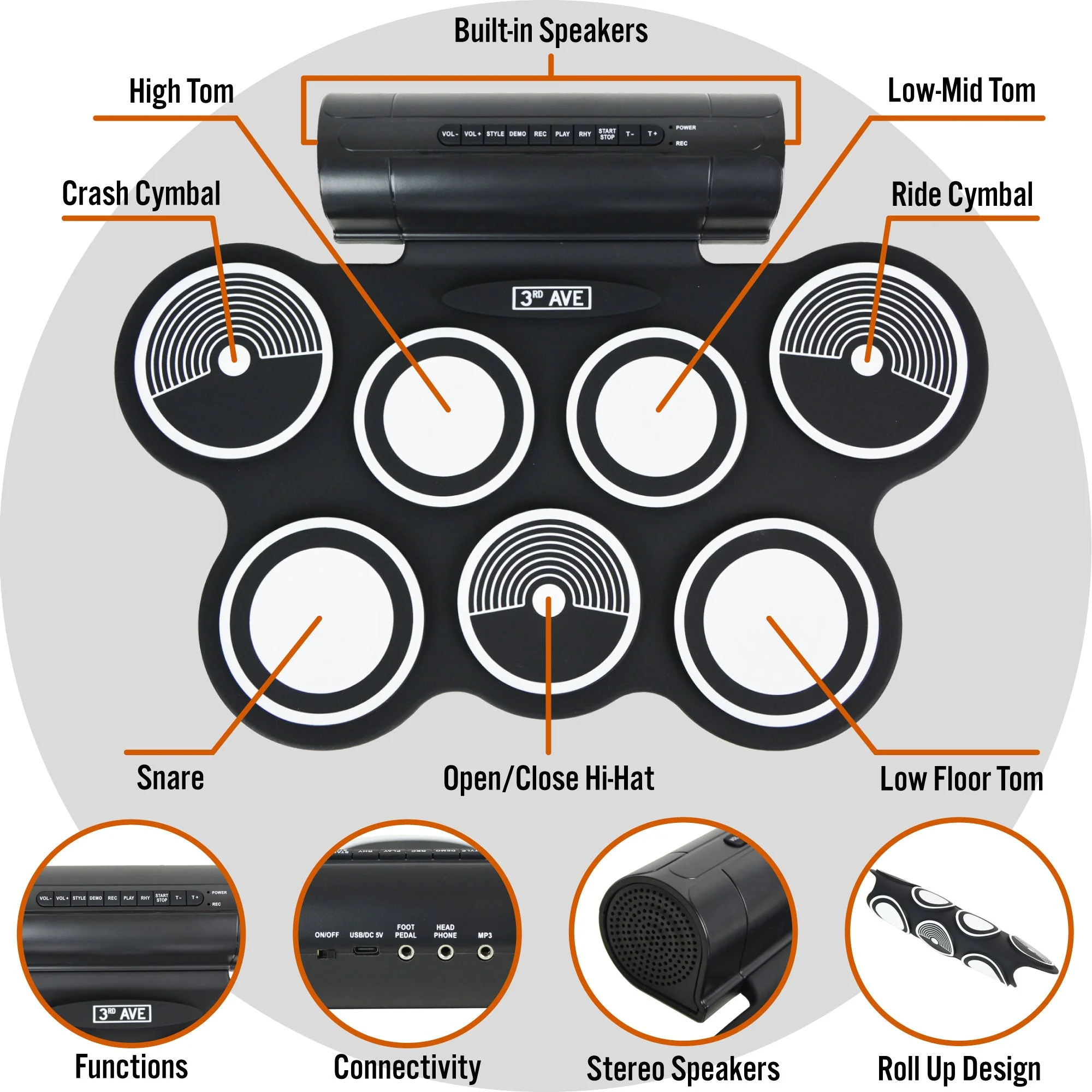 3rd Avenue Roll Up Electronic Drum Kit - Image 4
