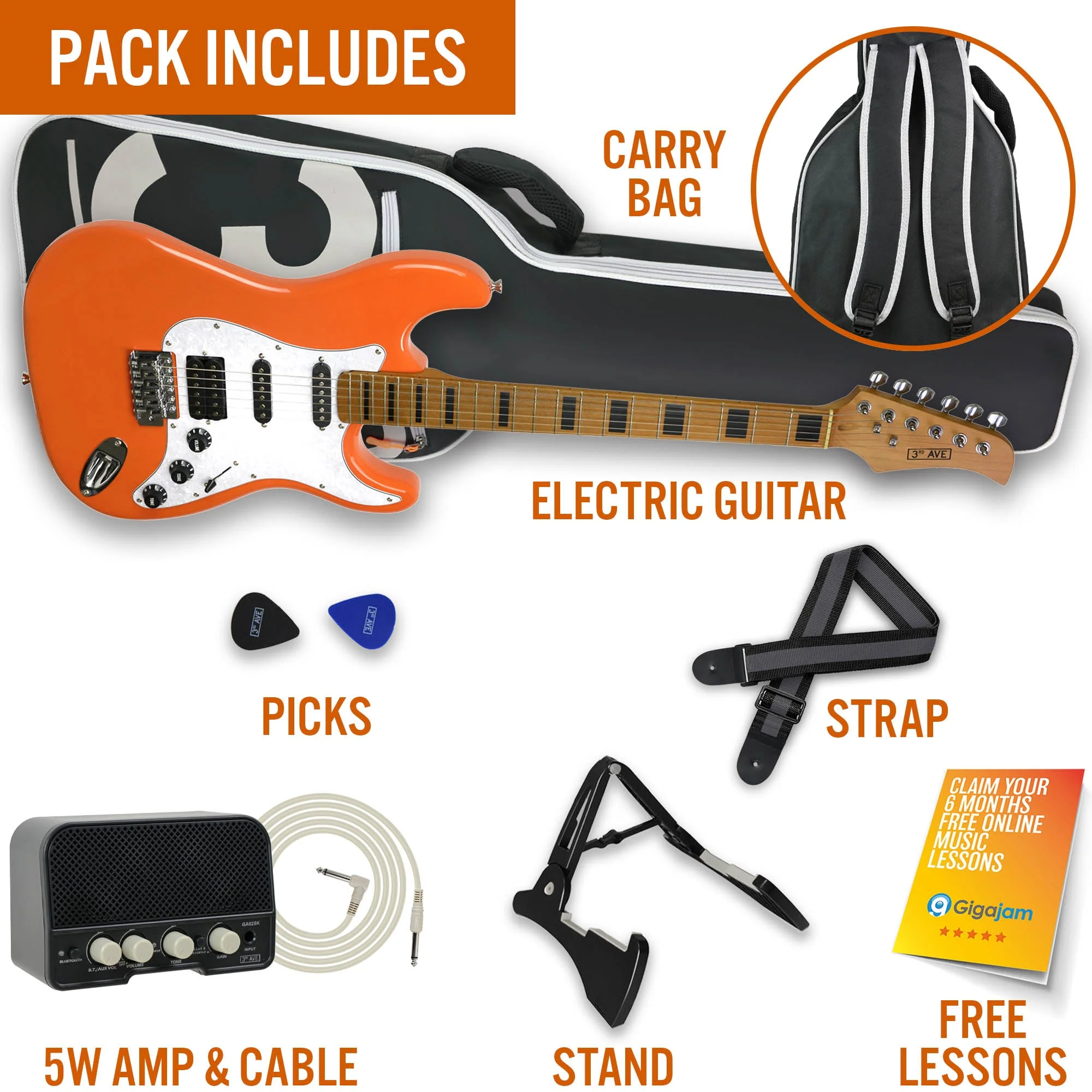 3rd Avenue Stateside Electric Guitar Pack - Canyon Orange - Image 3