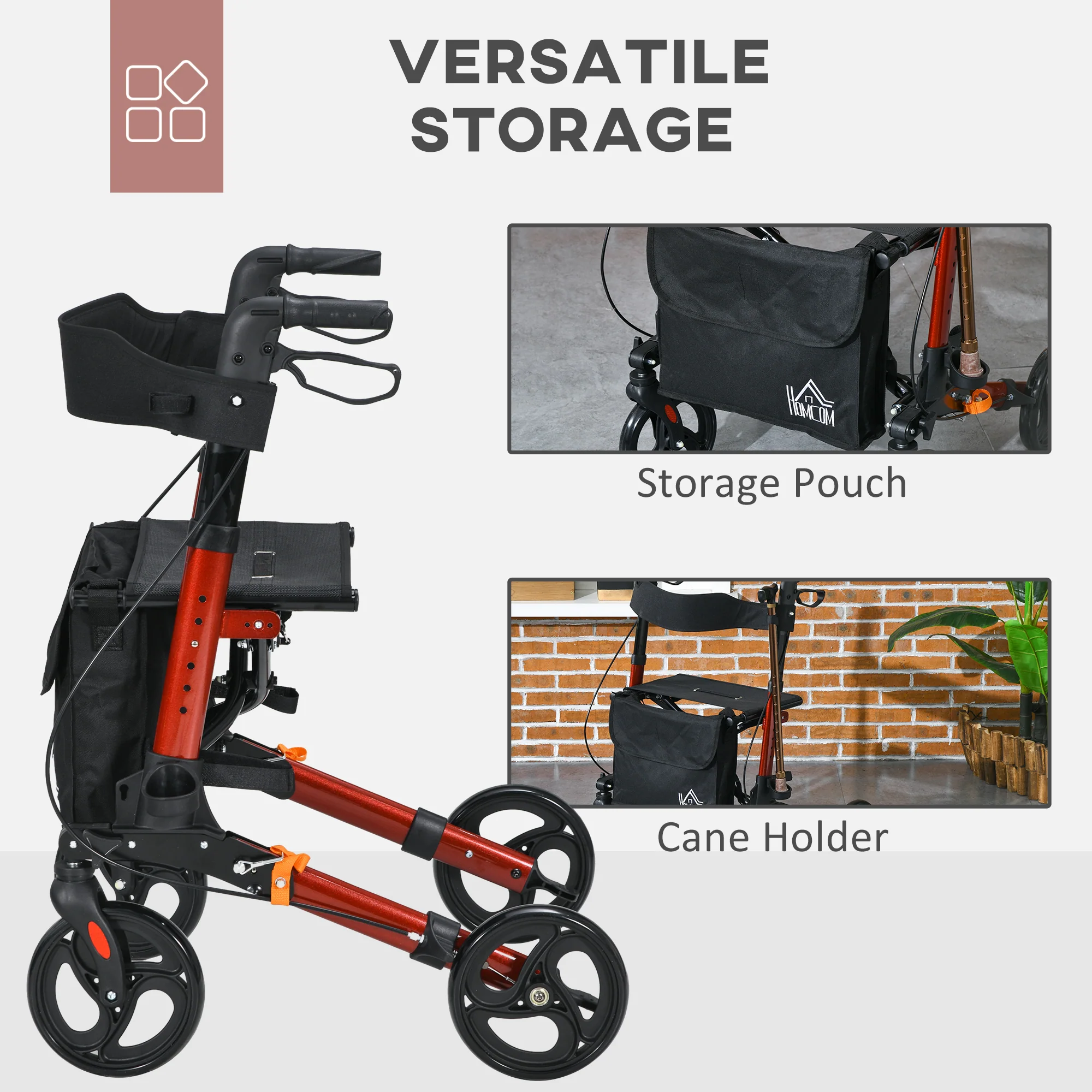 4 Wheel Rollator Walker With Seat Adjustable Mobility Walker With Bag, Red - Image 4