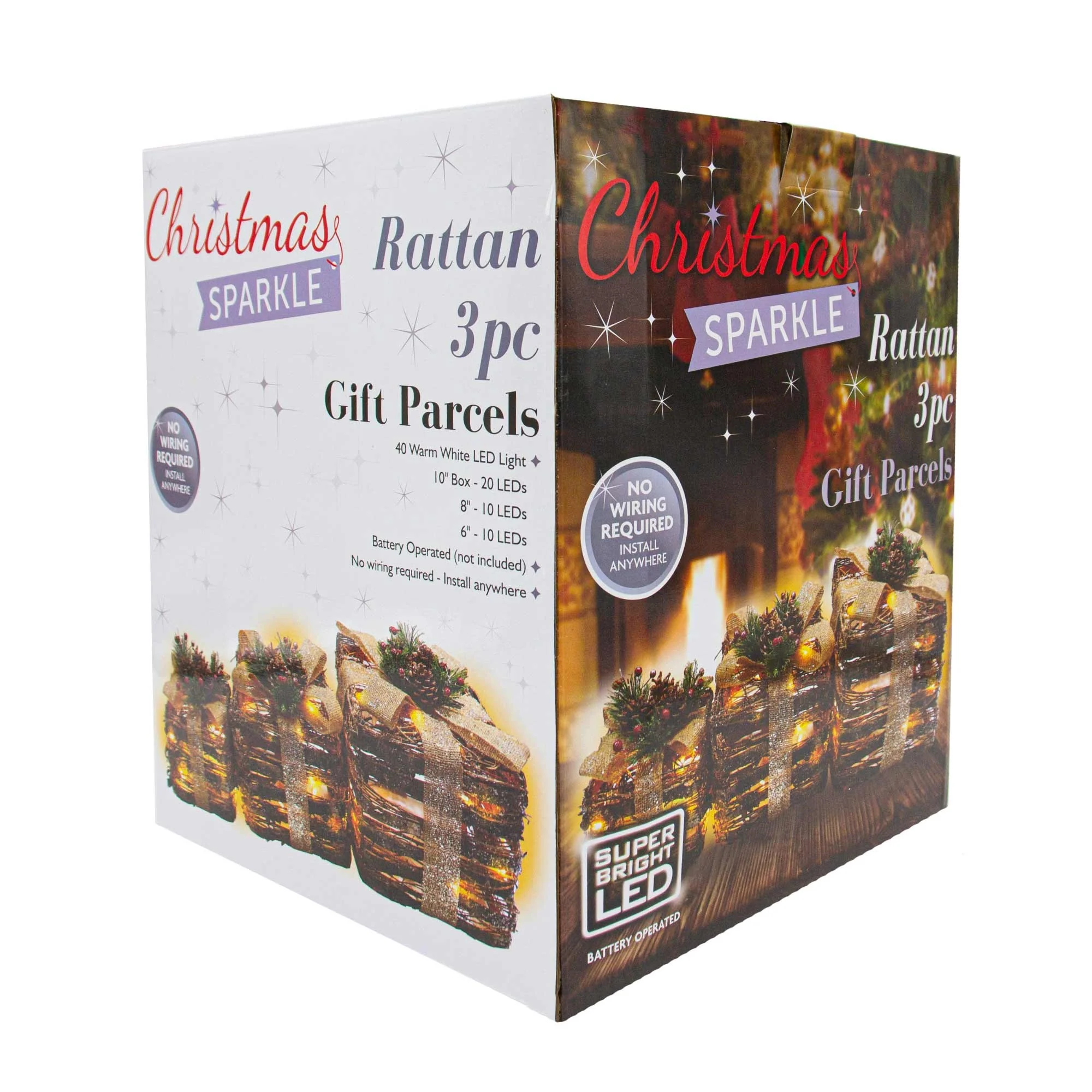 Christmas Sparkle Rattan Parcels with Bow x 3 Battery Operated with 40 Warm White LEDs - Image 2