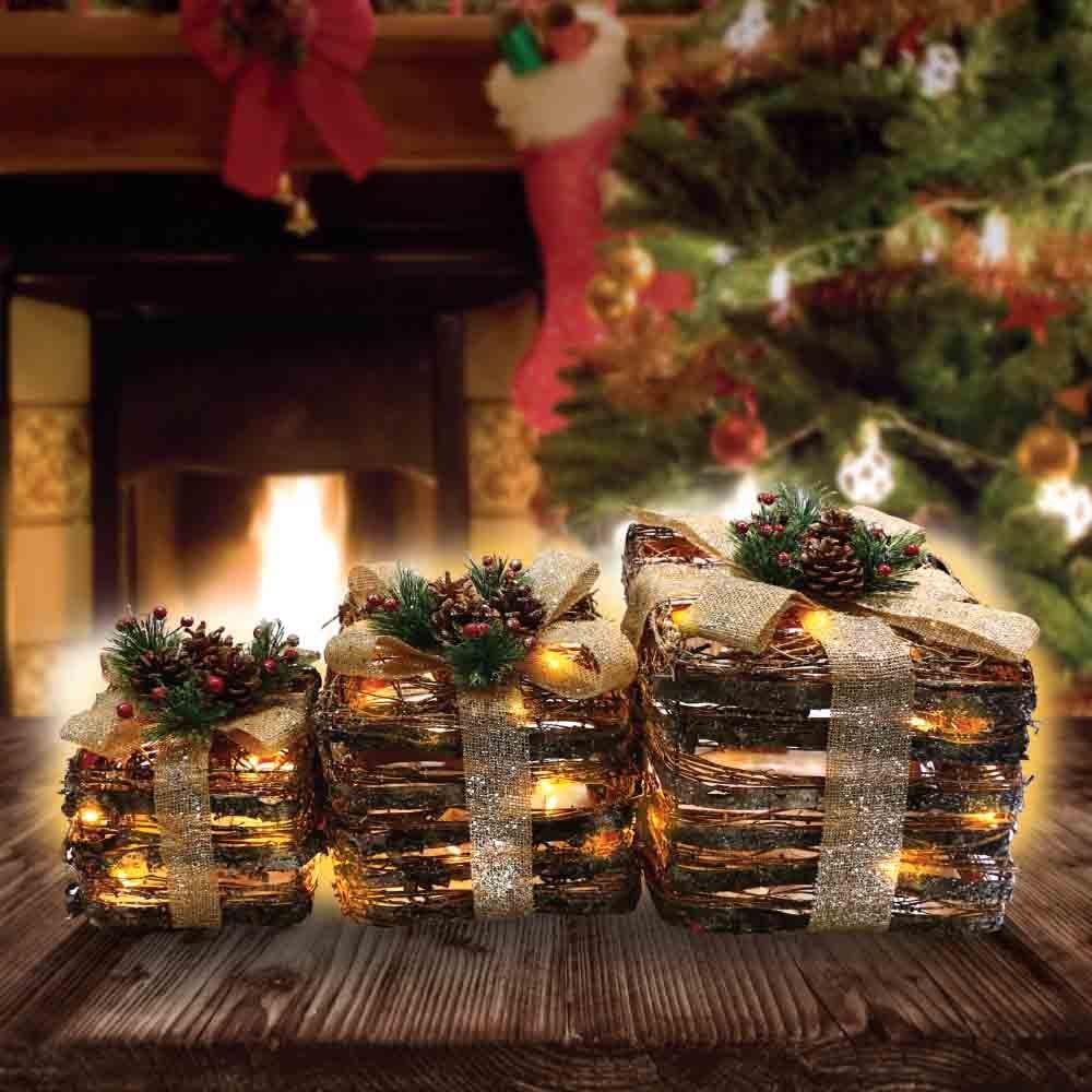 Christmas Sparkle Rattan Parcels with Bow x 3 Battery Operated with 40 Warm White LEDs - Image 3