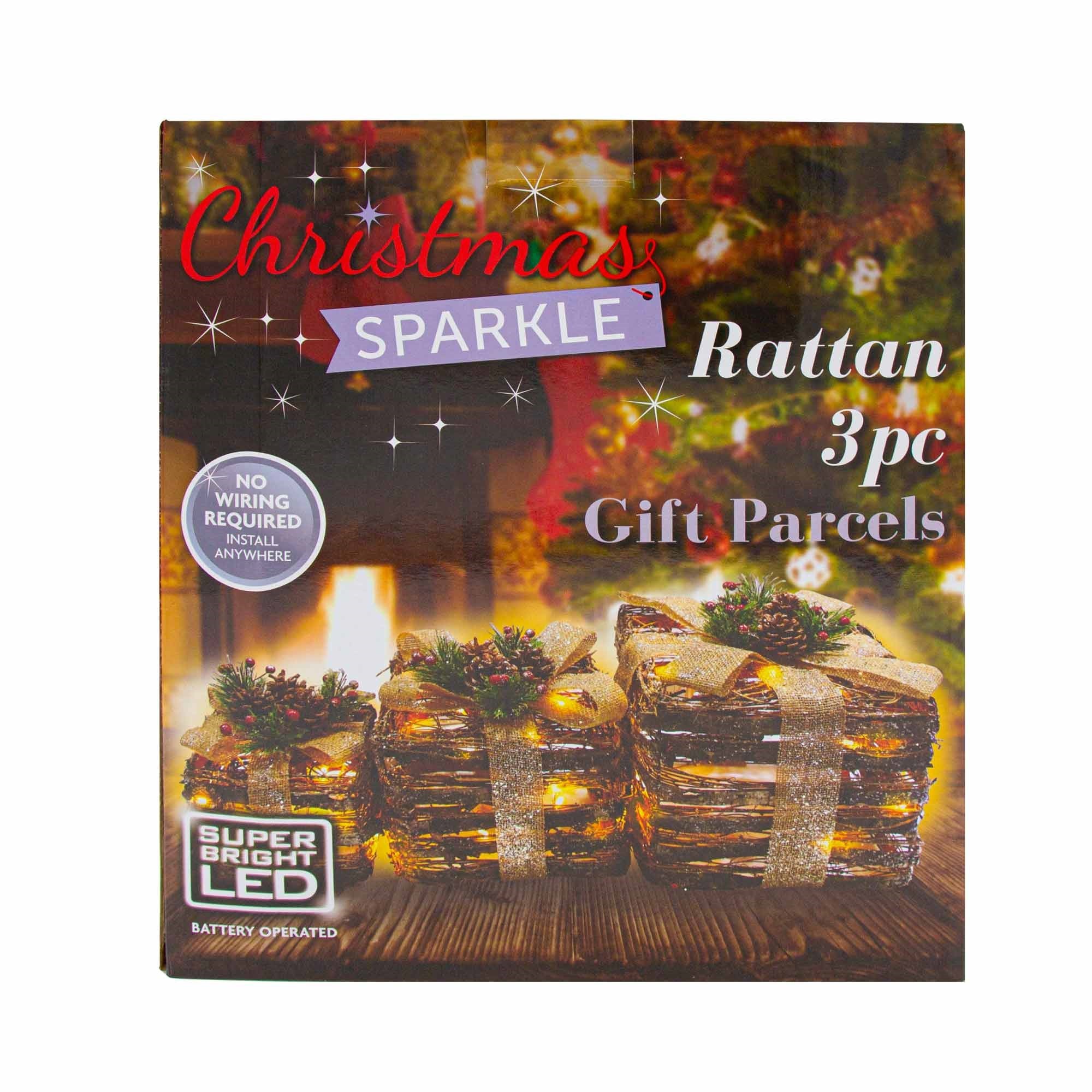 Christmas Sparkle Rattan Parcels with Bow x 3 Battery Operated with 40 Warm White LEDs - Image 4