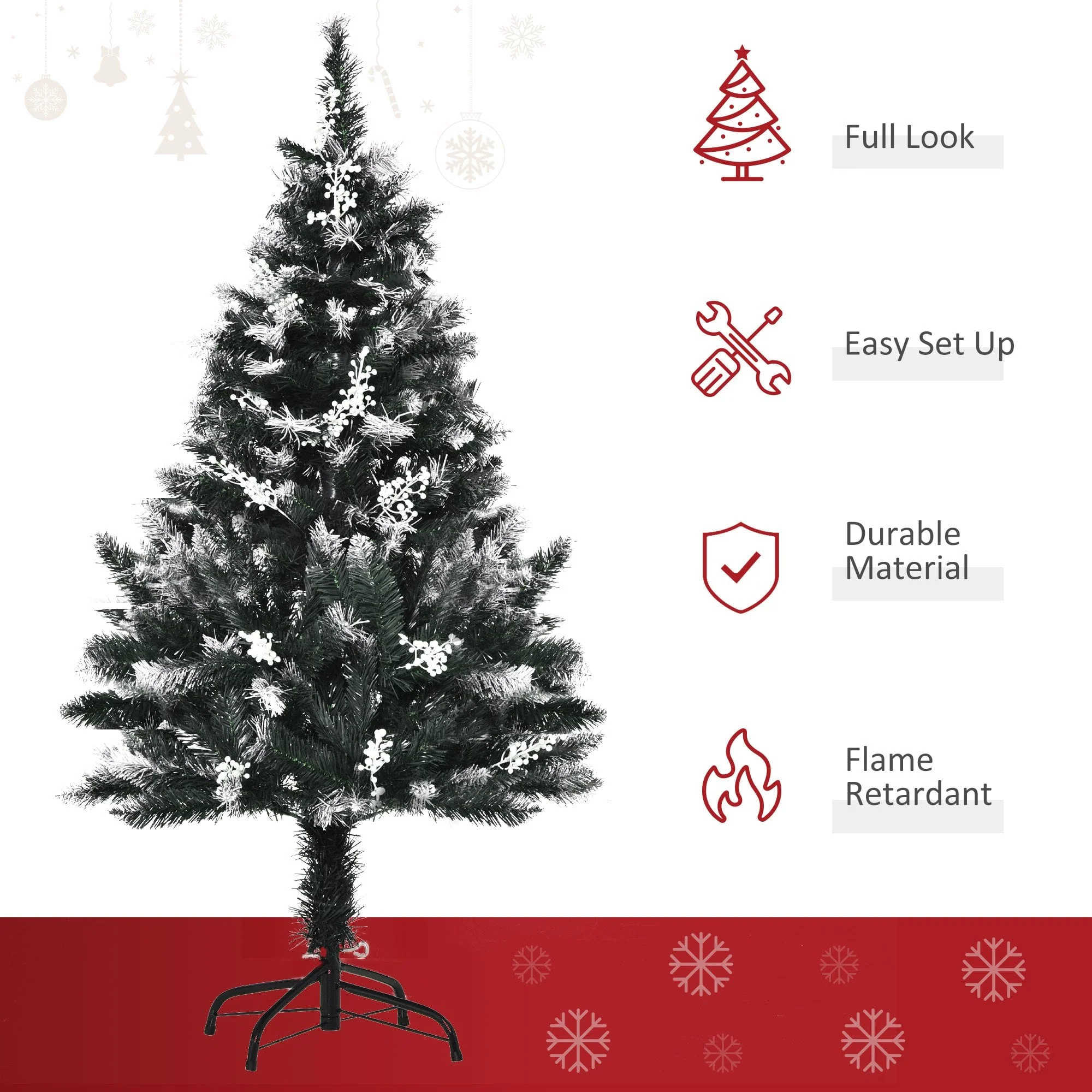 Dark Green 4ft Artificial Snow Dipped Christmas Tree Xmas Pencil Tree Holiday Home Indoor Decoration With Foldable Feet White Berries - Image 4