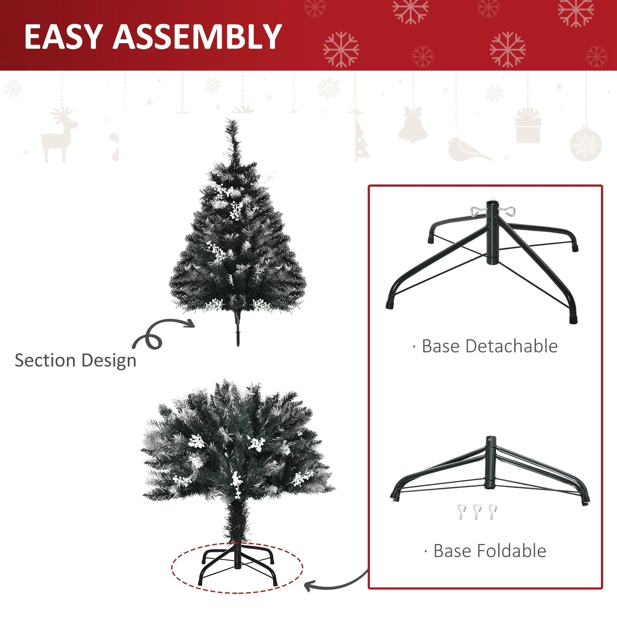 Dark Green 4ft Artificial Snow Dipped Christmas Tree Xmas Pencil Tree Holiday Home Indoor Decoration With Foldable Feet White Berries - Image 6