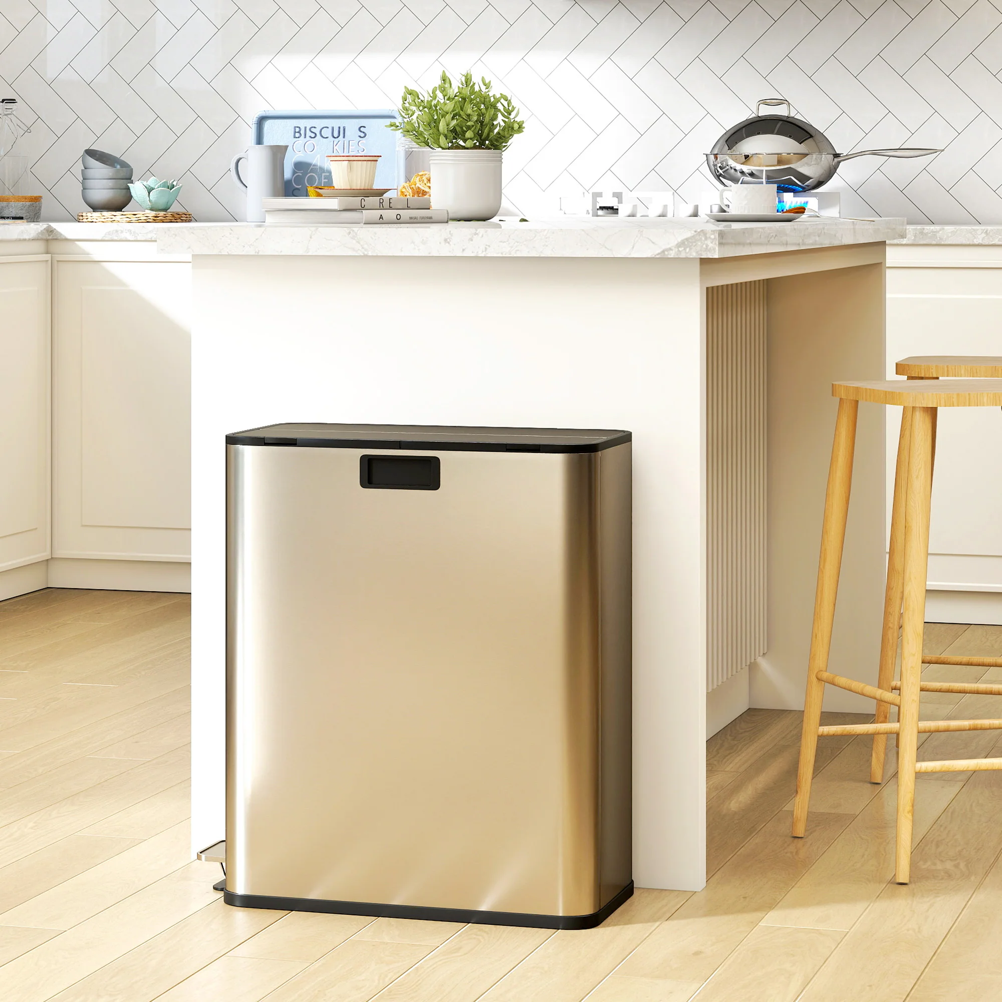 56L Dual Kitchen Bin With Removable Inner Buckets For Recycling And Waste - Image 2