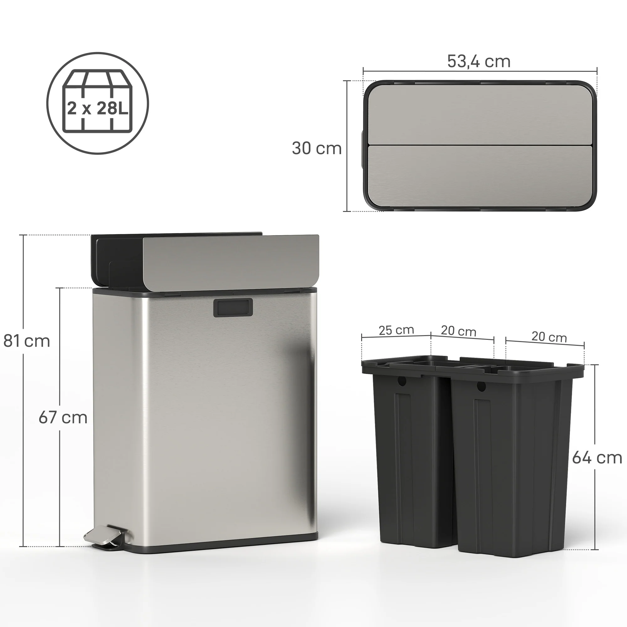 56L Dual Kitchen Bin With Removable Inner Buckets For Recycling And Waste - Image 5