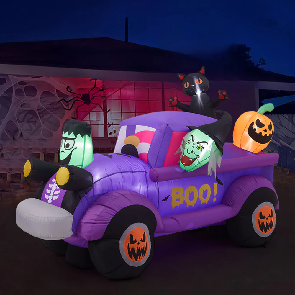 5ft Halloween Witch Driving A Car With Horror Frankenstein, Black Cat And Jack-o'-lantern Inflatable With Build-In LED - Image 2