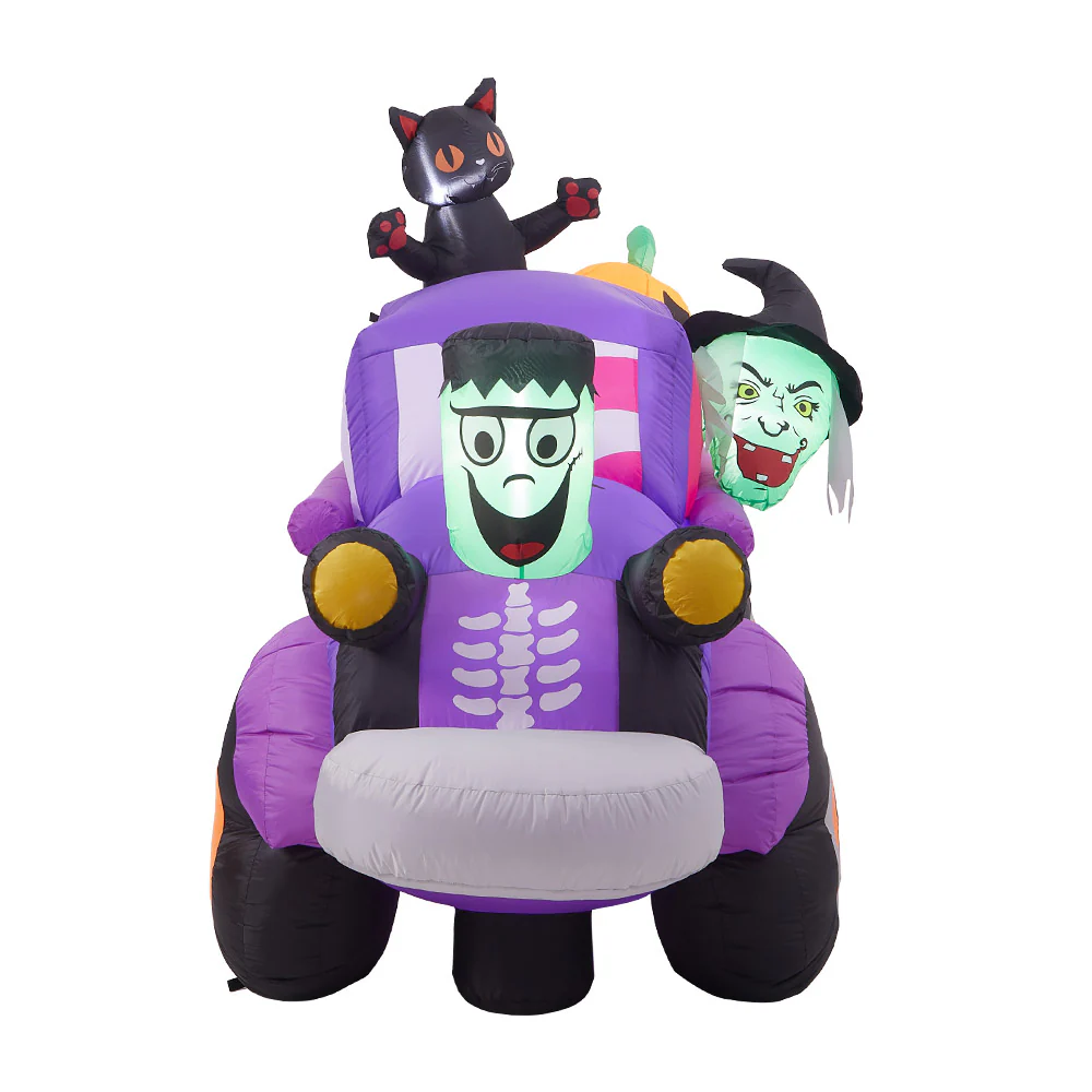 5ft Halloween Witch Driving A Car With Horror Frankenstein, Black Cat And Jack-o'-lantern Inflatable With Build-In LED - Image 6