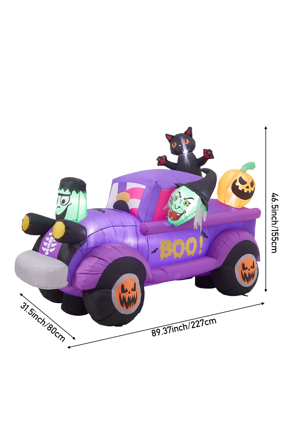 5ft Halloween Witch Driving A Car With Horror Frankenstein, Black Cat And Jack-o'-lantern Inflatable With Build-In LED - Image 8