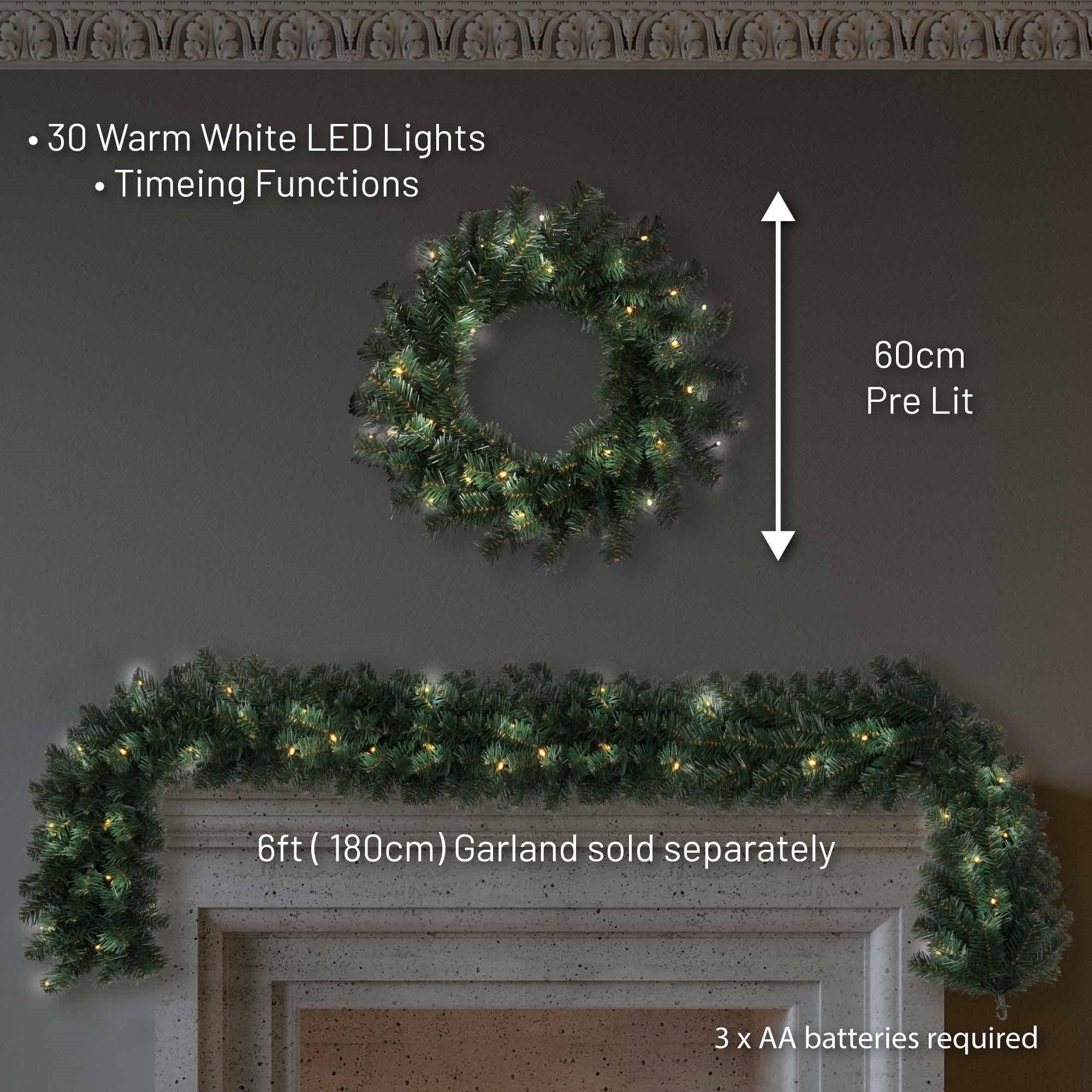 Christmas Sparkle Artificial Wreath 60cm with 30 Warm White LEDs - Green - Image 3