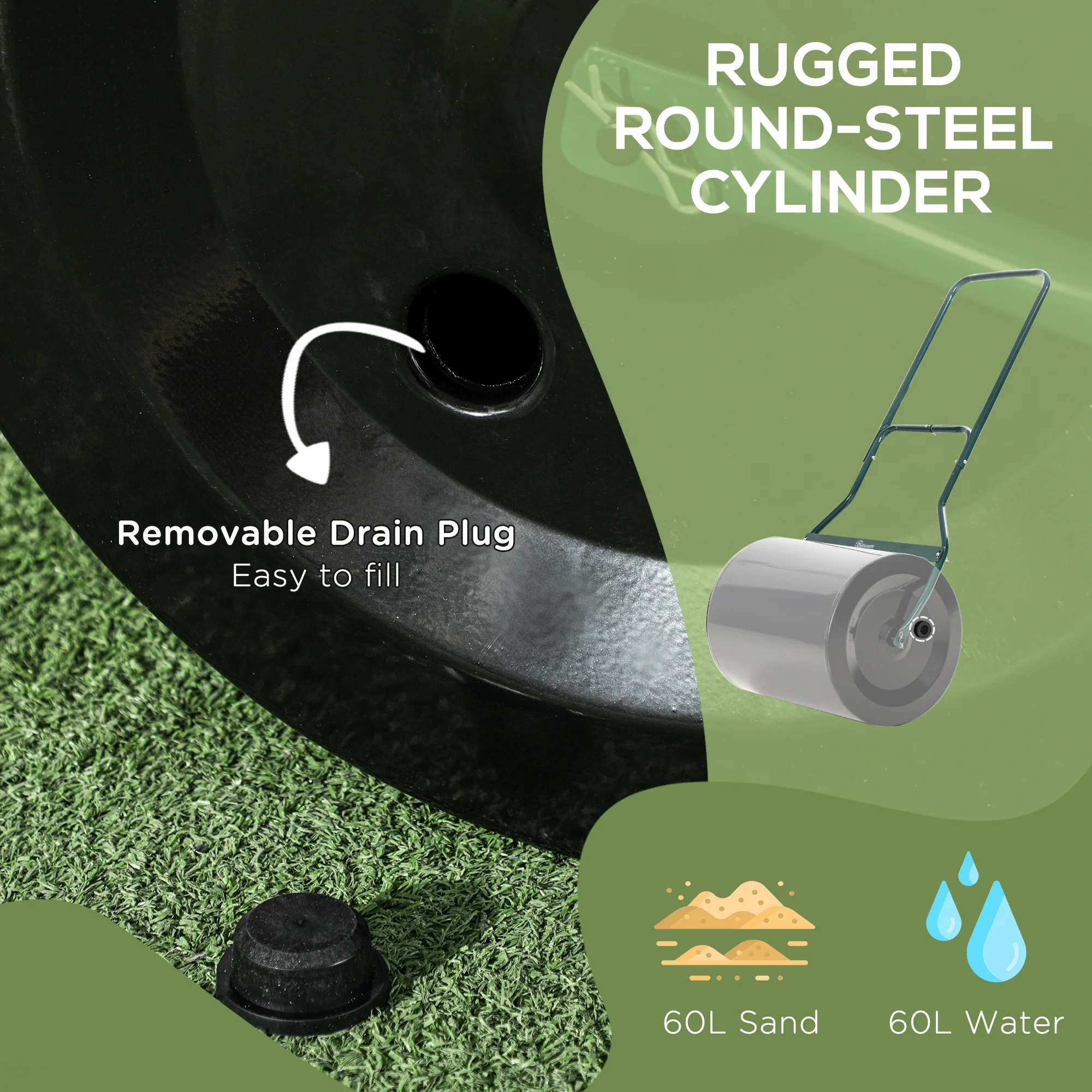 60L Steel Garden Roller Push Pull w/ Fillable Cylinder Water Rolling Drum - Image 6