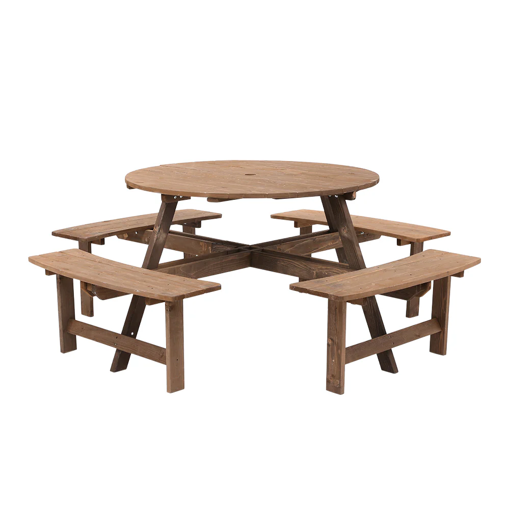 8-Person Round Wood Picnic Table and Bench Set