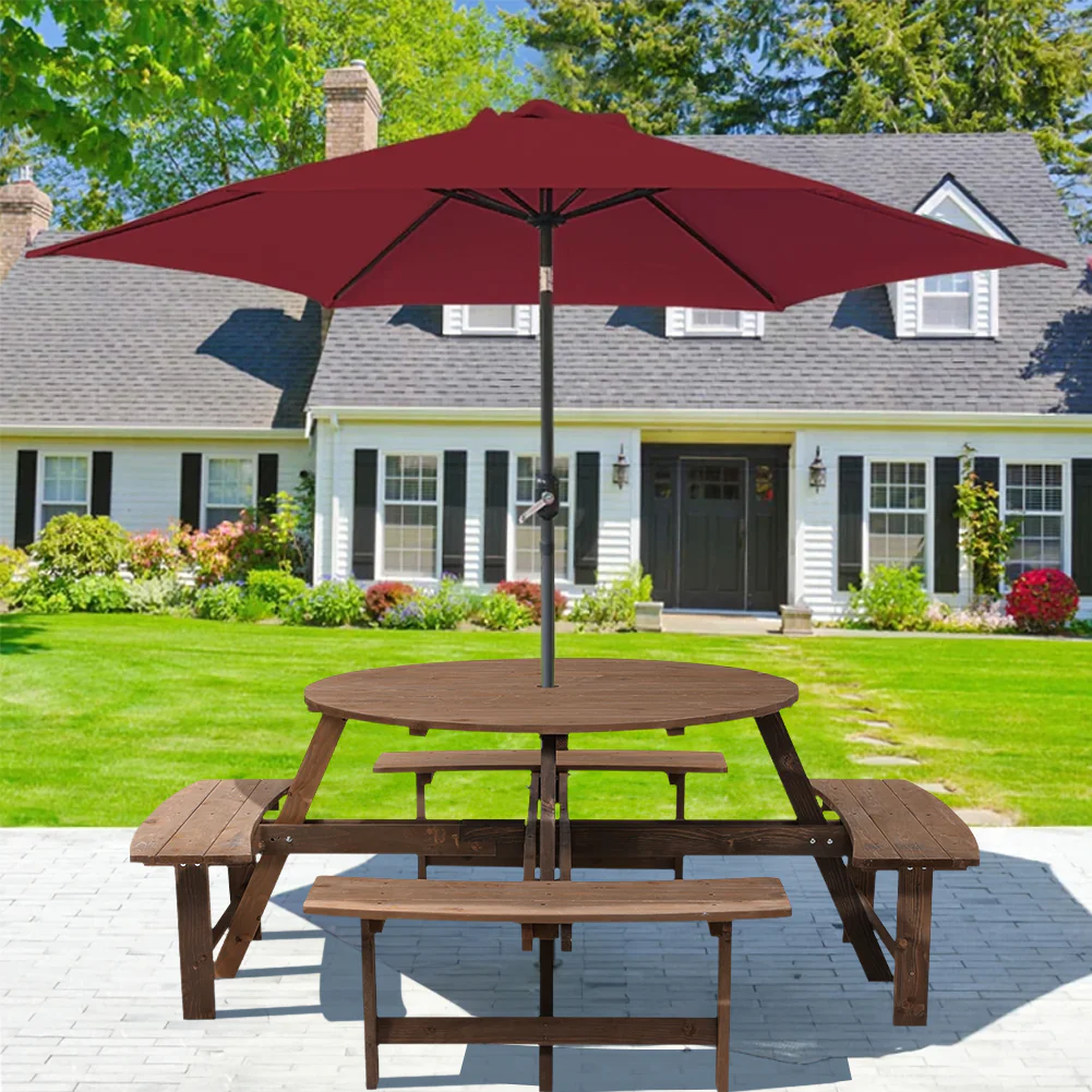 8-Person Round Wood Picnic Table and Bench Set - Image 2