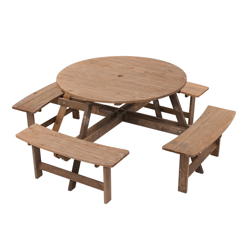 8-Person Round Wood Picnic Table and Bench Set - Image 4