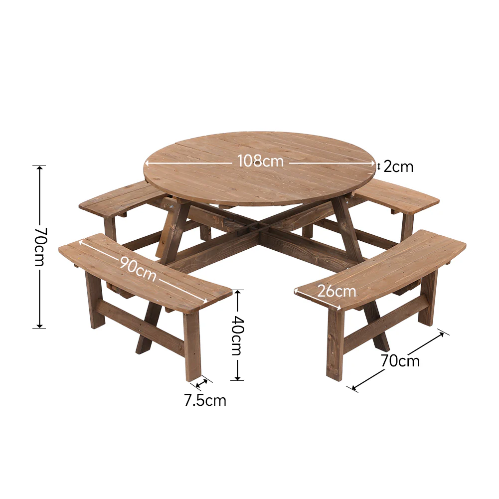 8-Person Round Wood Picnic Table and Bench Set - Image 7