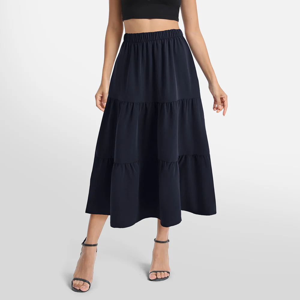 A-line Swing Pleated Midi Skirt - Navy