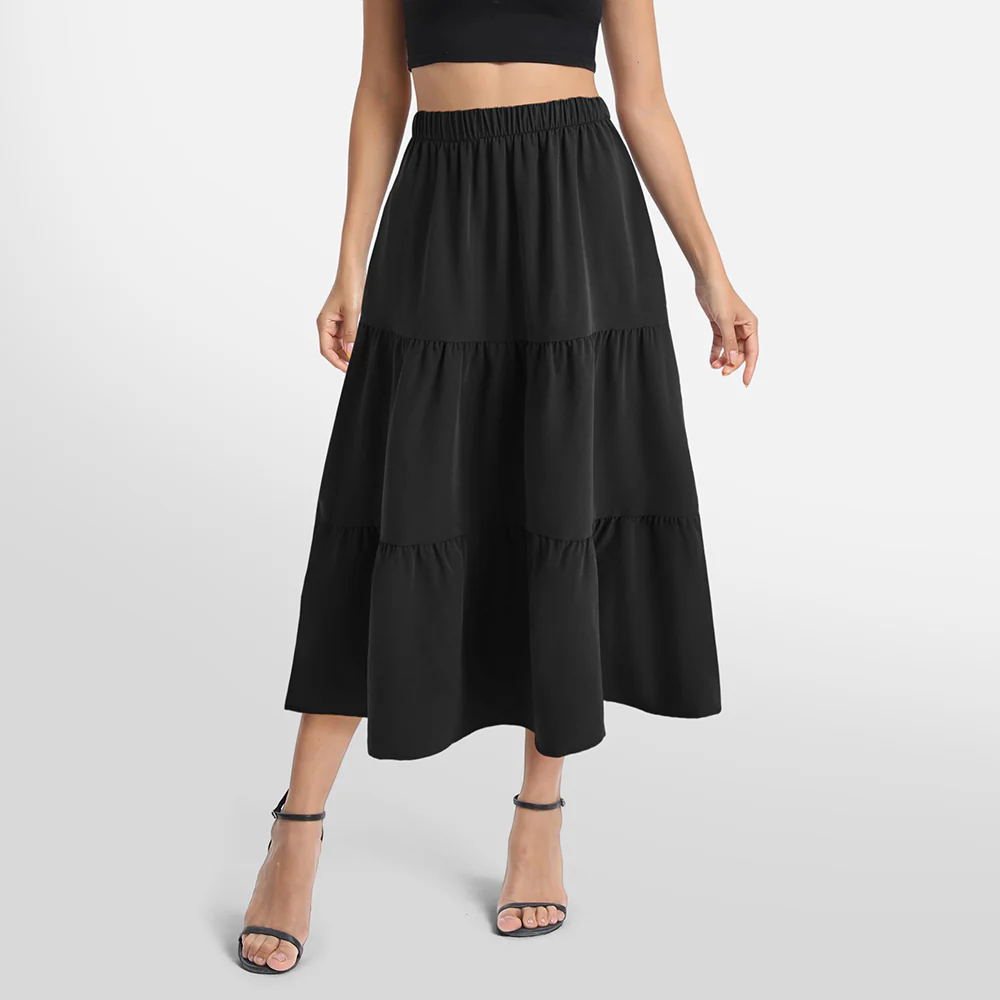 A-line Swing Pleated Midi Skirt - Black