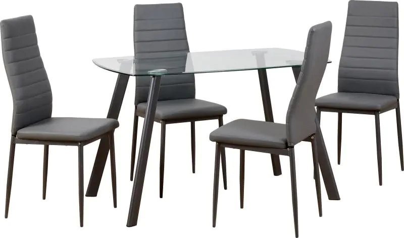 Abbey Dining Set With 4 Chairs - Clear Glass Table And Grey PU Chairs