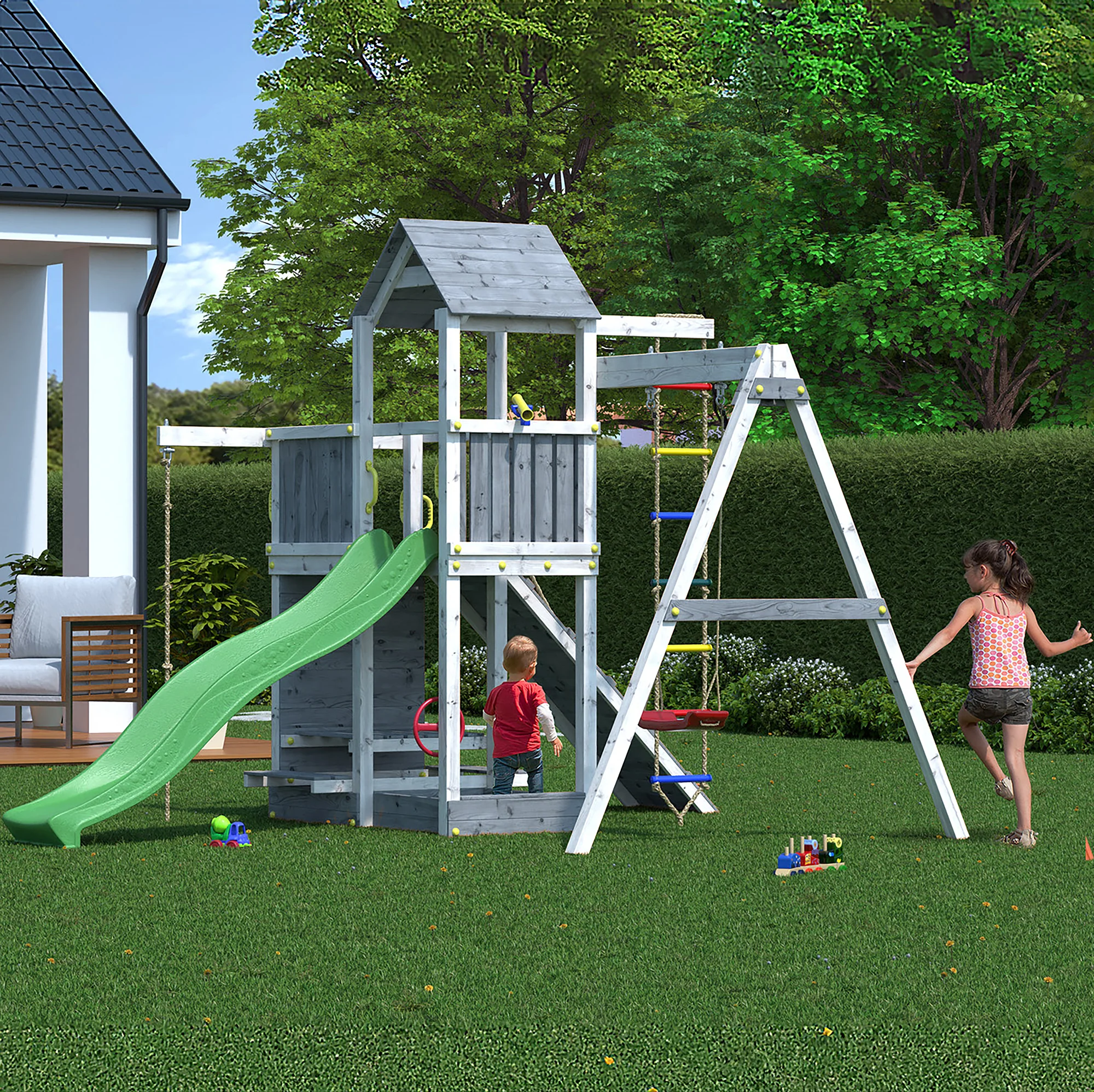 Activer Playfort In Grey & White - Climbing Frame With Swings And Slide