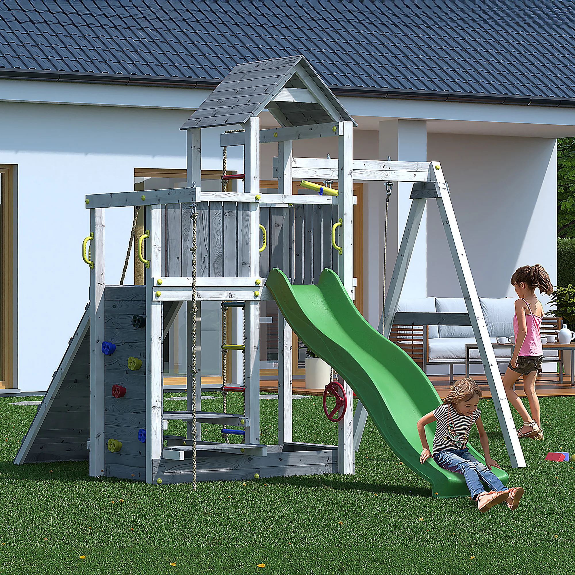 Activer Playfort In Grey & White - Climbing Frame With Swings And Slide - Image 2