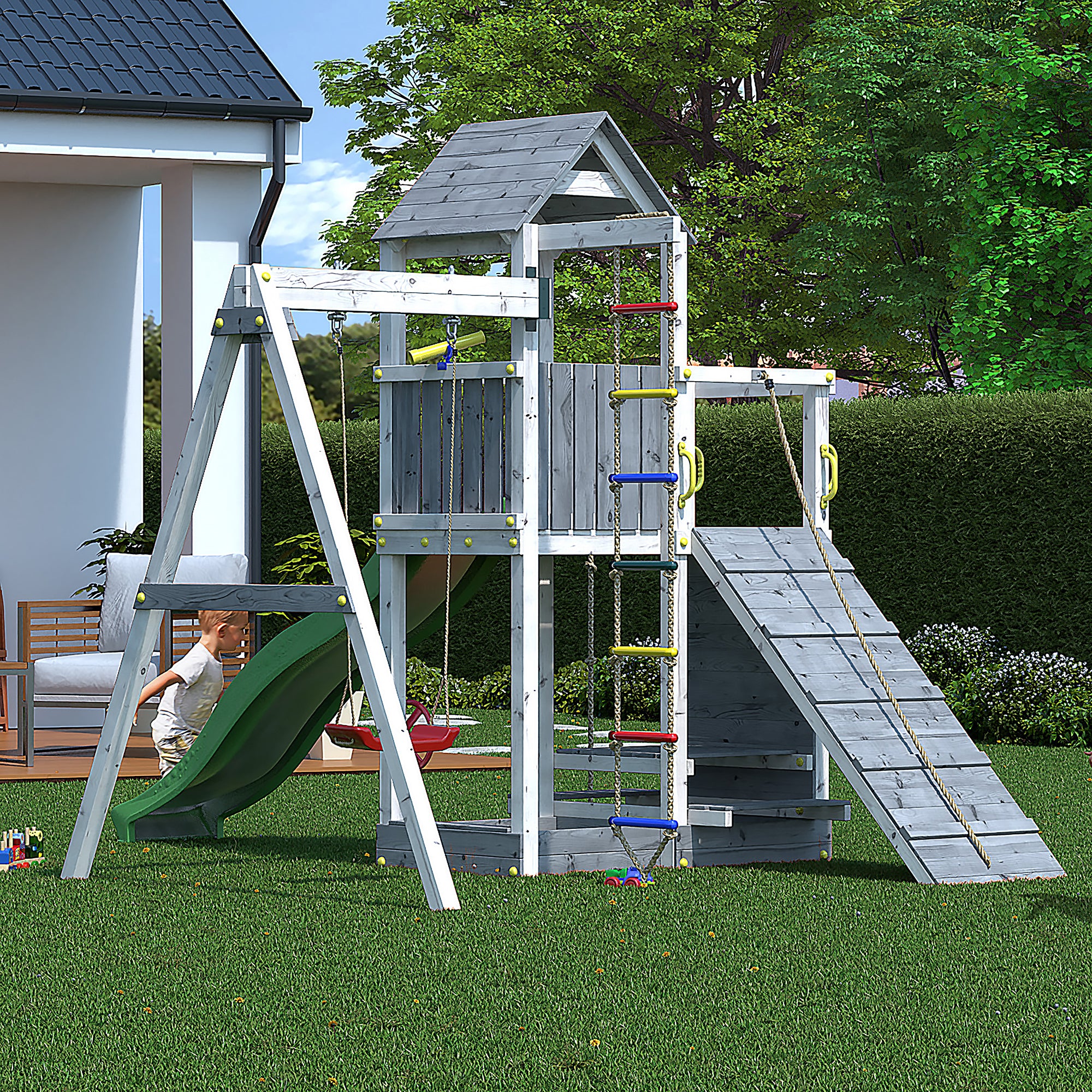 Activer Playfort In Grey & White - Climbing Frame With Swings And Slide - Image 3