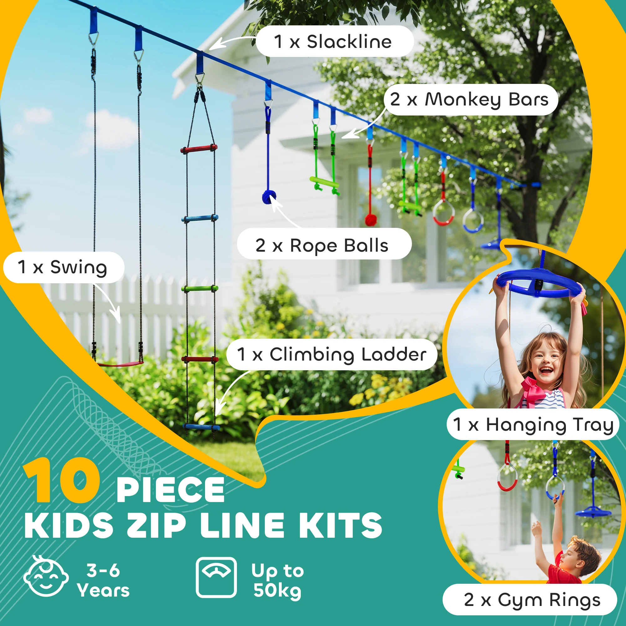 AIYAPLAY 10 Piece Zip Line Kit for Kids, for Outdoor Garden, Multicolour - Image 3