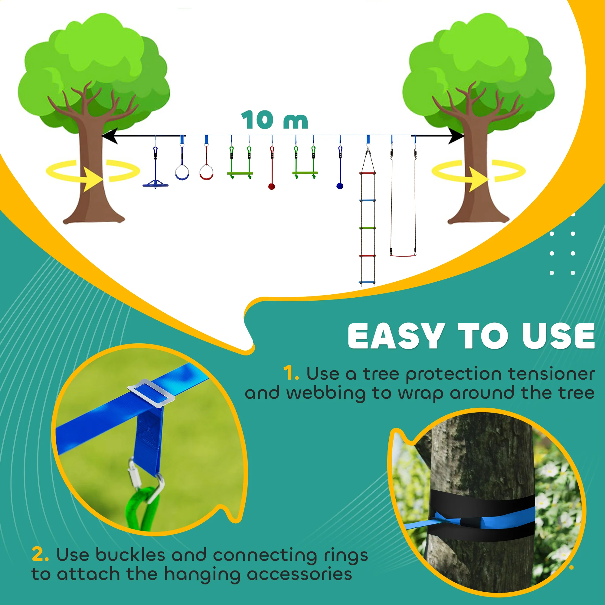 AIYAPLAY 10 Piece Zip Line Kit for Kids, for Outdoor Garden, Multicolour - Image 4