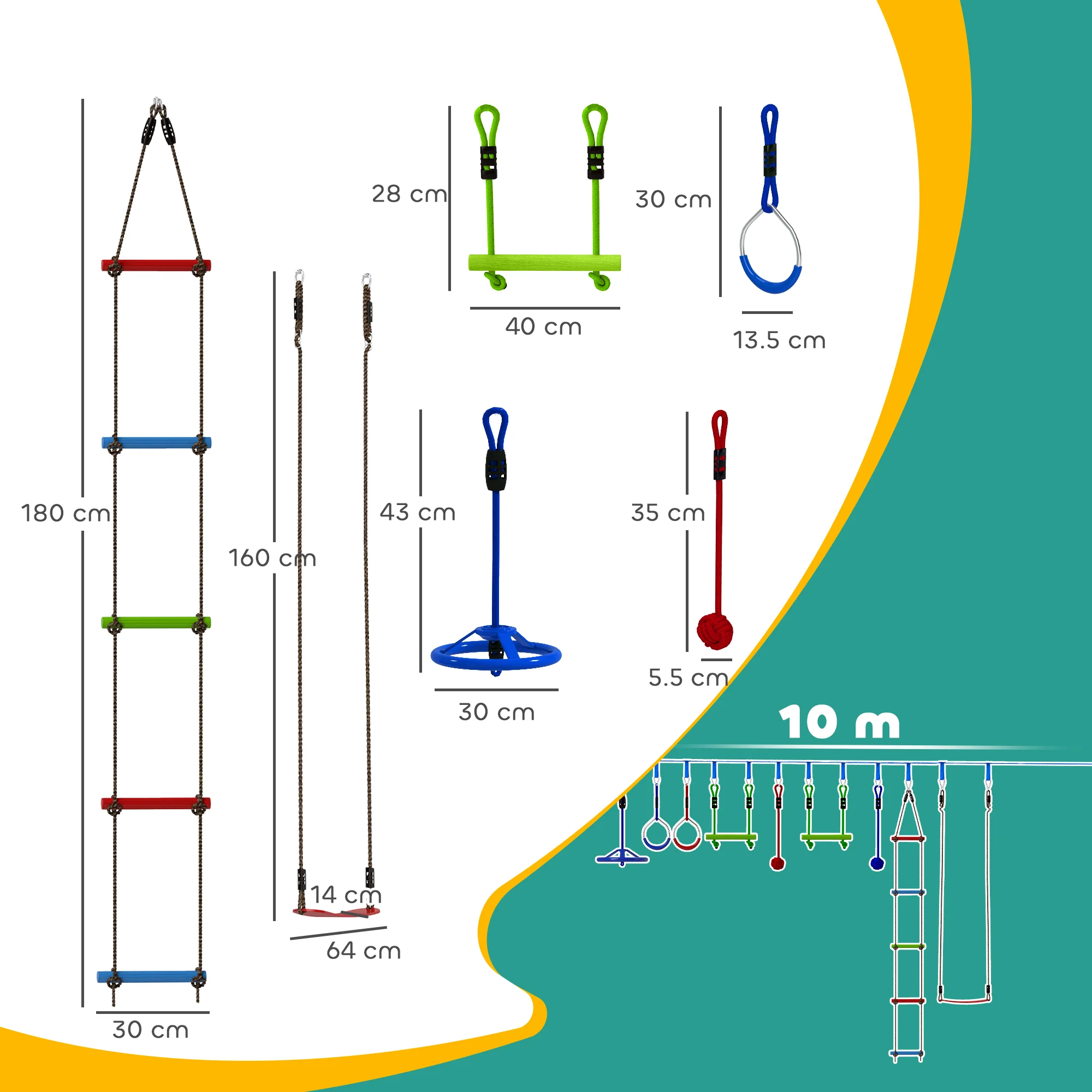 AIYAPLAY 10 Piece Zip Line Kit for Kids, for Outdoor Garden, Multicolour - Image 5