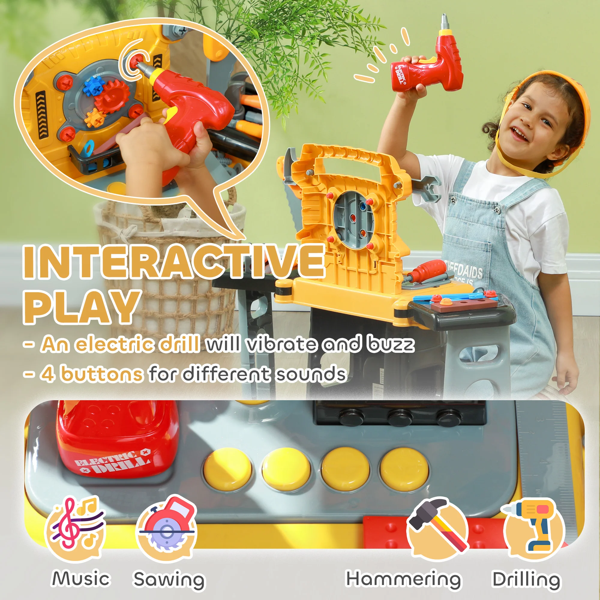AIYAPLAY 102Pcs Play Tools Toy With Electric Drill, Storage, Yellow - Image 6