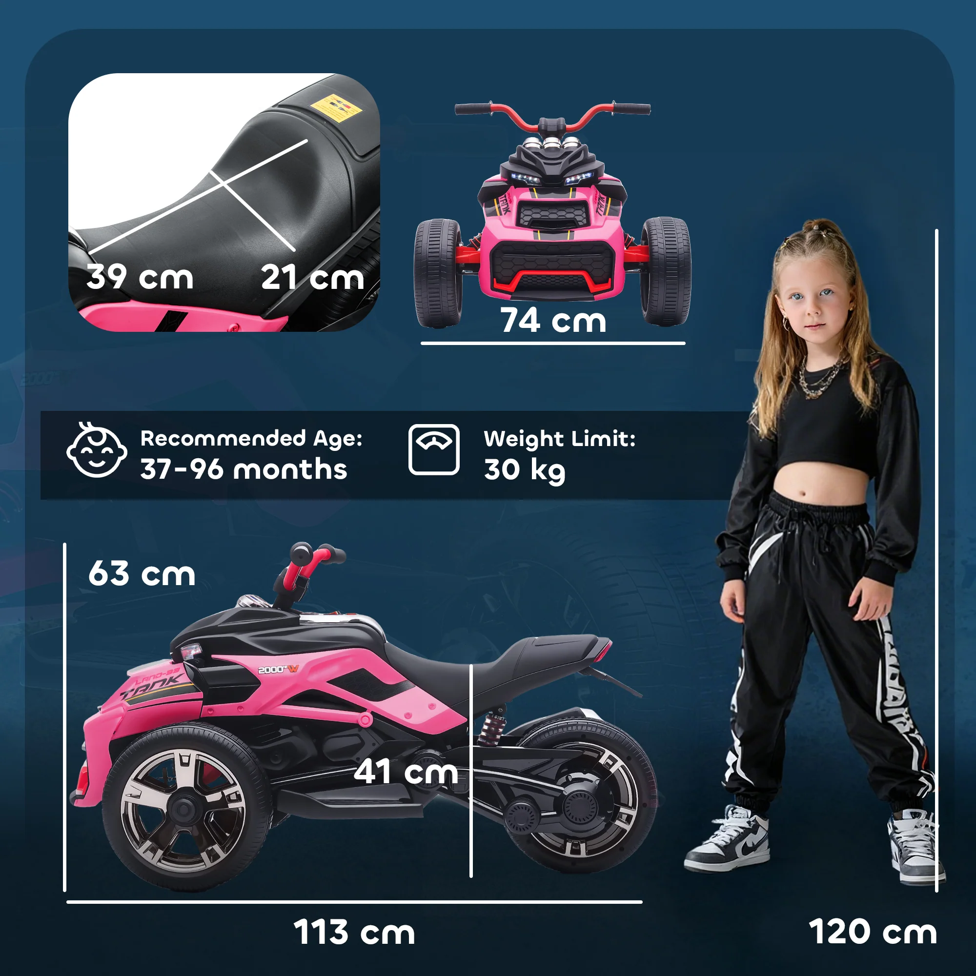 AIYAPLAY 12V Kids Electric Ride On Car, Battery Powered Ride On ATV, Pink - Image 5
