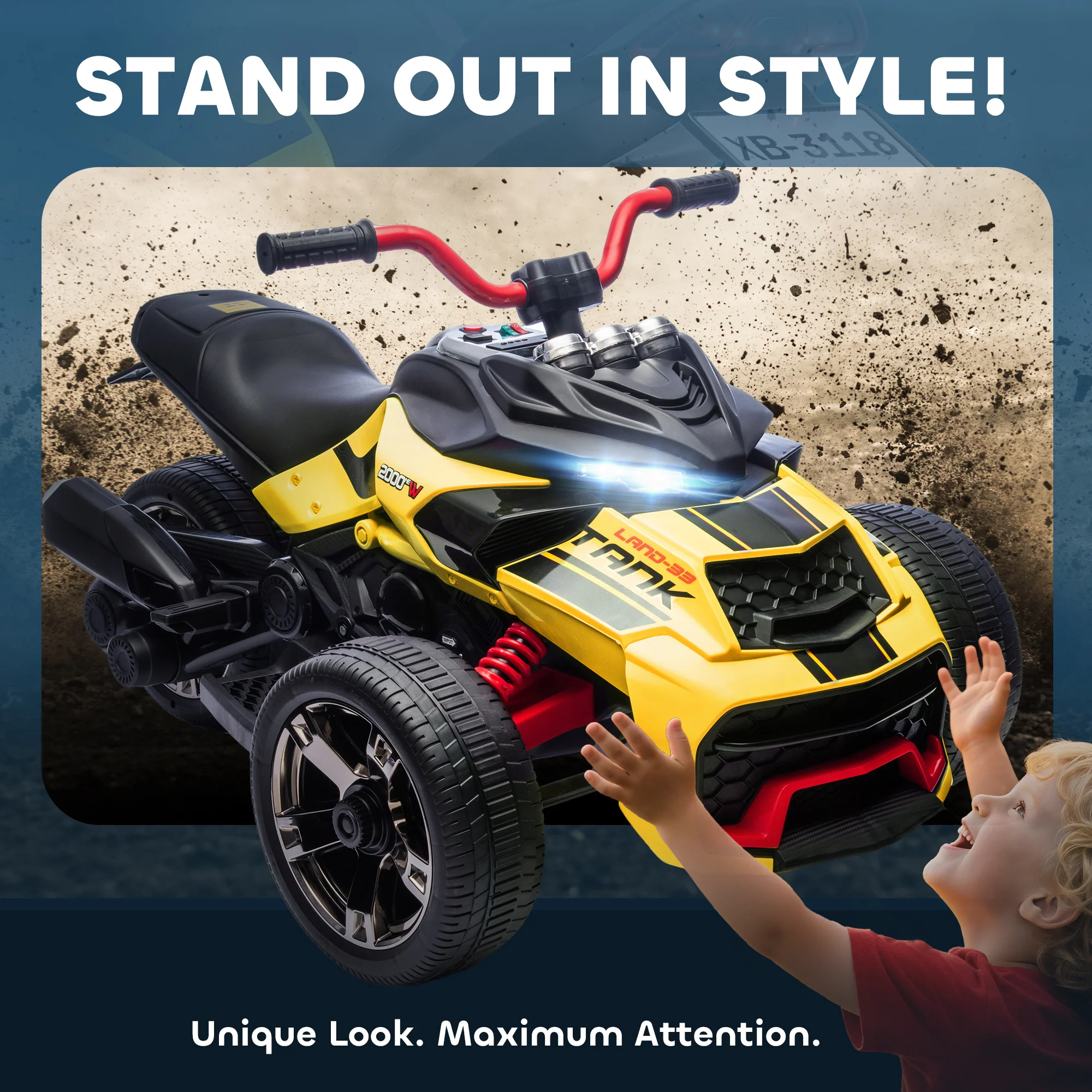 AIYAPLAY 12V Kids Electric Ride On Car, Battery Powered Ride On ATV, Yellow - Image 7