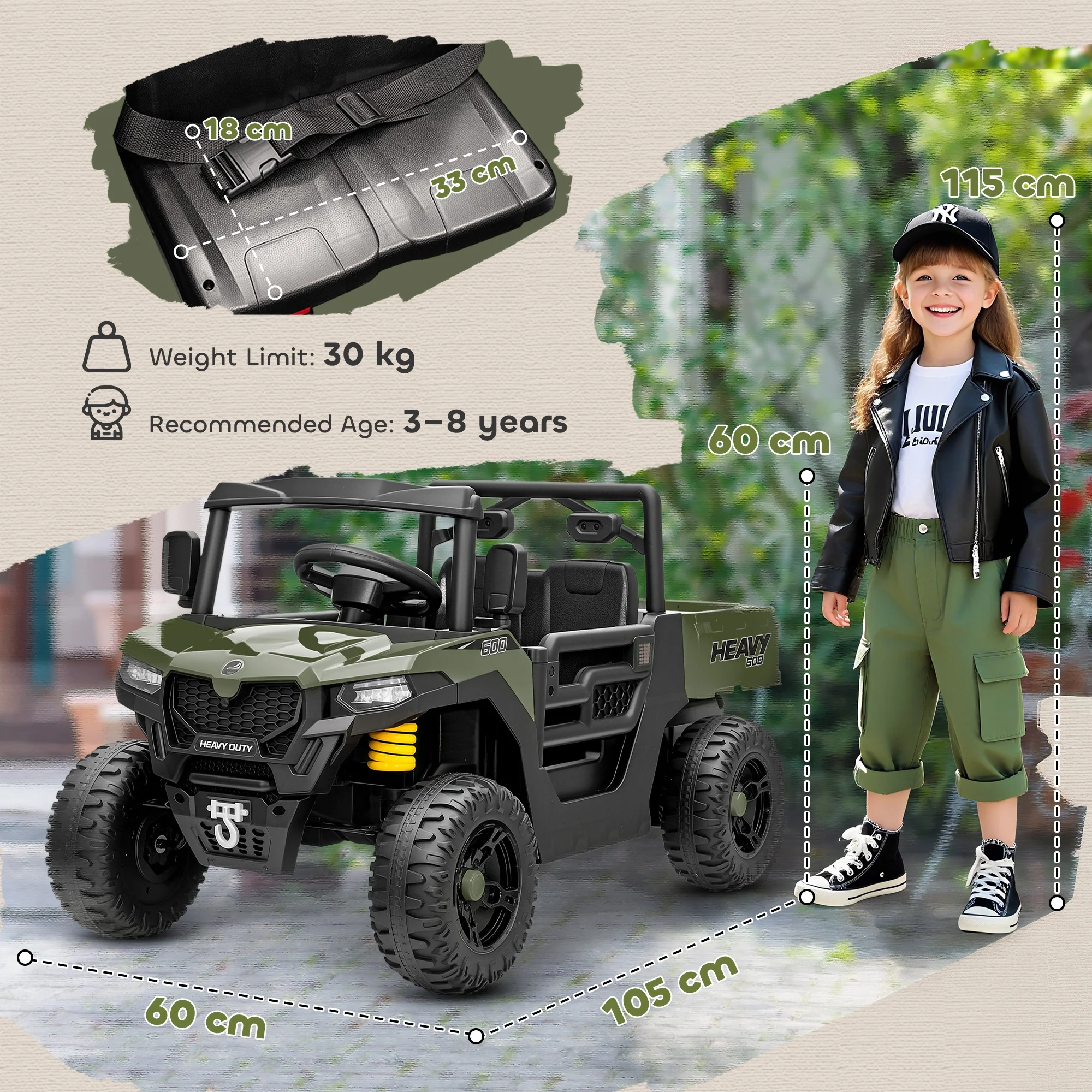 AIYAPLAY 12V Kids Ride on Car, Kids UTV with Electric Dump Bed, Green - Image 5