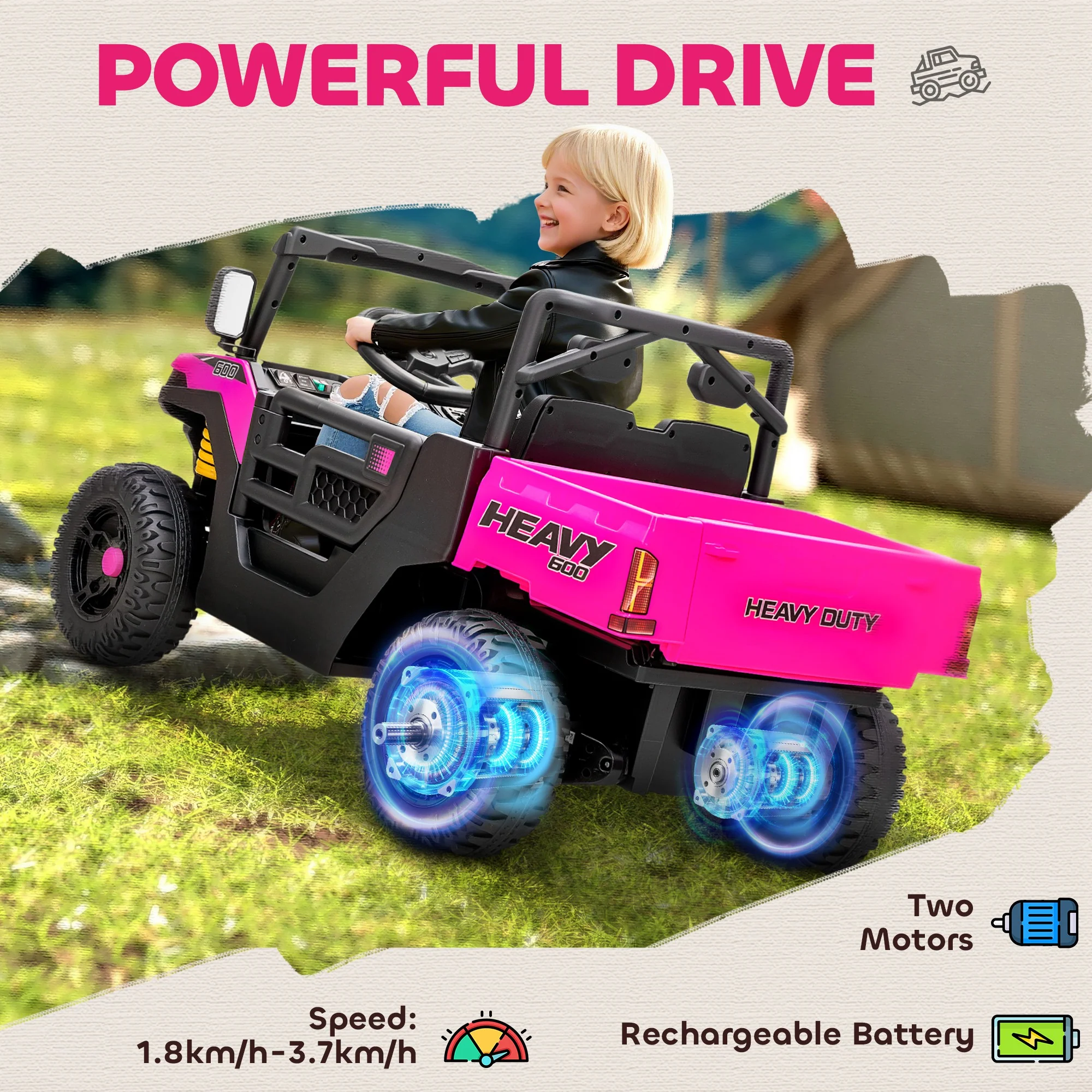 AIYAPLAY 12V Kids Ride on Car, Kids UTV with Electric Dump Bed, Pink - Image 3