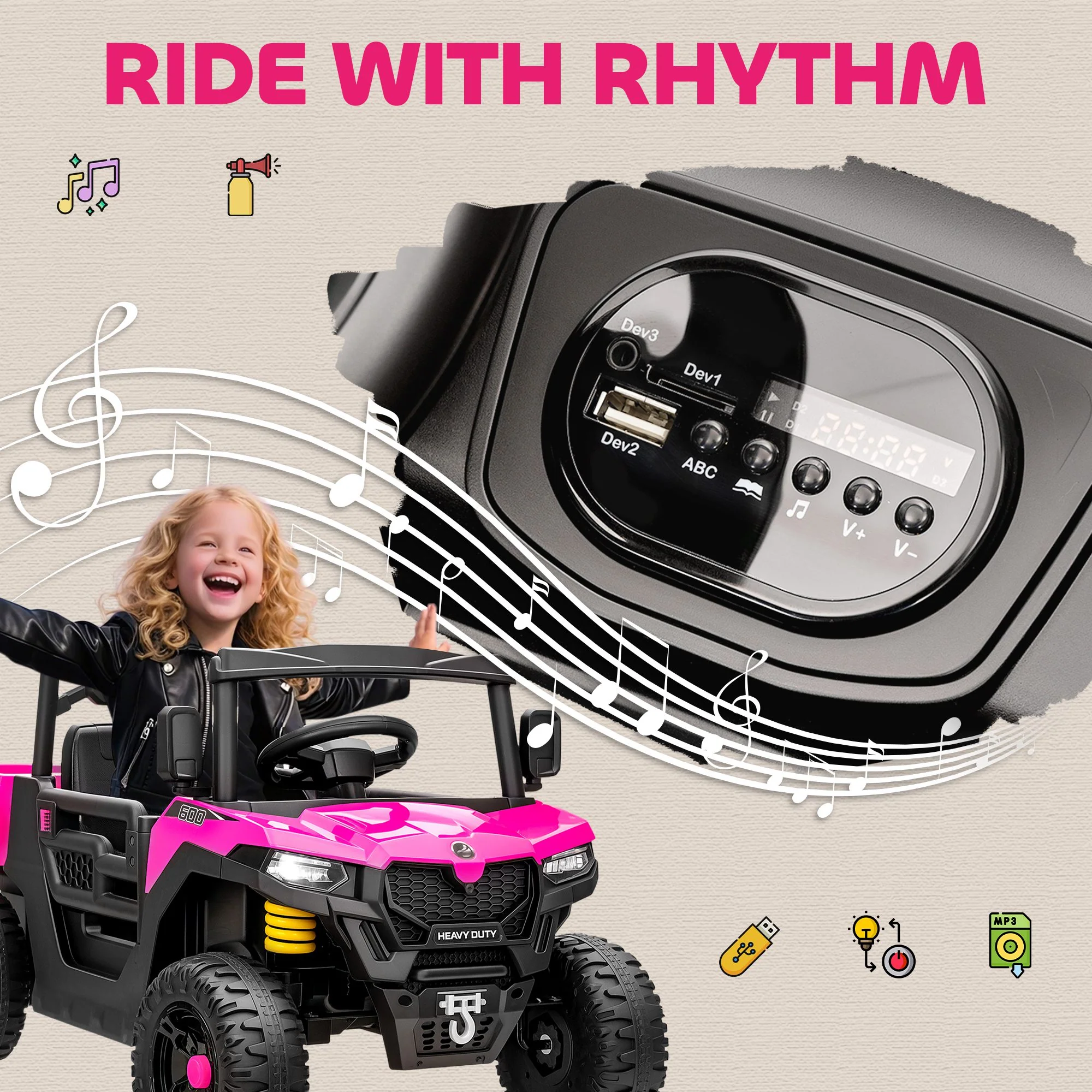 AIYAPLAY 12V Kids Ride on Car, Kids UTV with Electric Dump Bed, Pink - Image 8