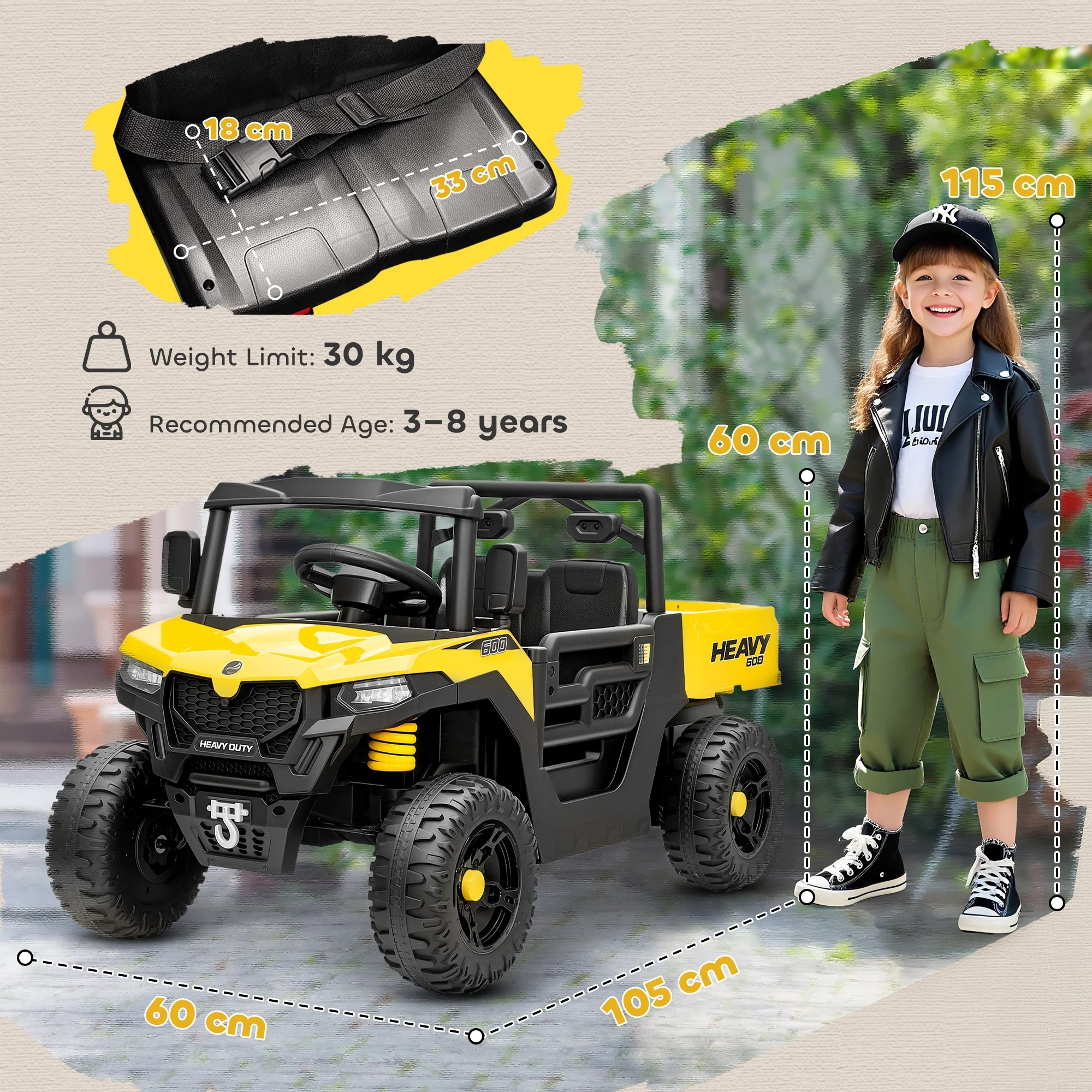 AIYAPLAY 12V Kids Ride on Car, Kids UTV with Electric Dump Bed, Yellow - Image 5