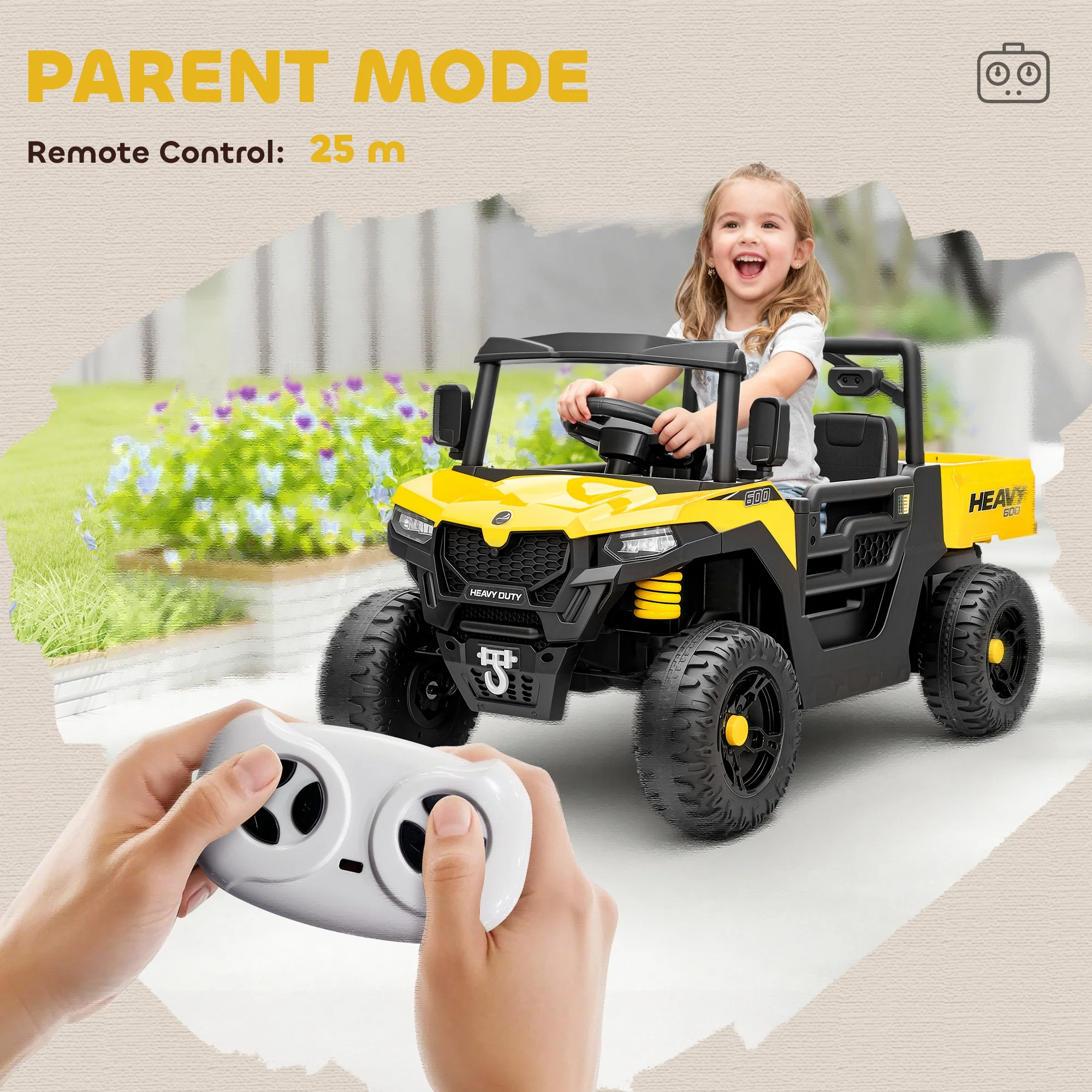 AIYAPLAY 12V Kids Ride on Car, Kids UTV with Electric Dump Bed, Yellow - Image 6