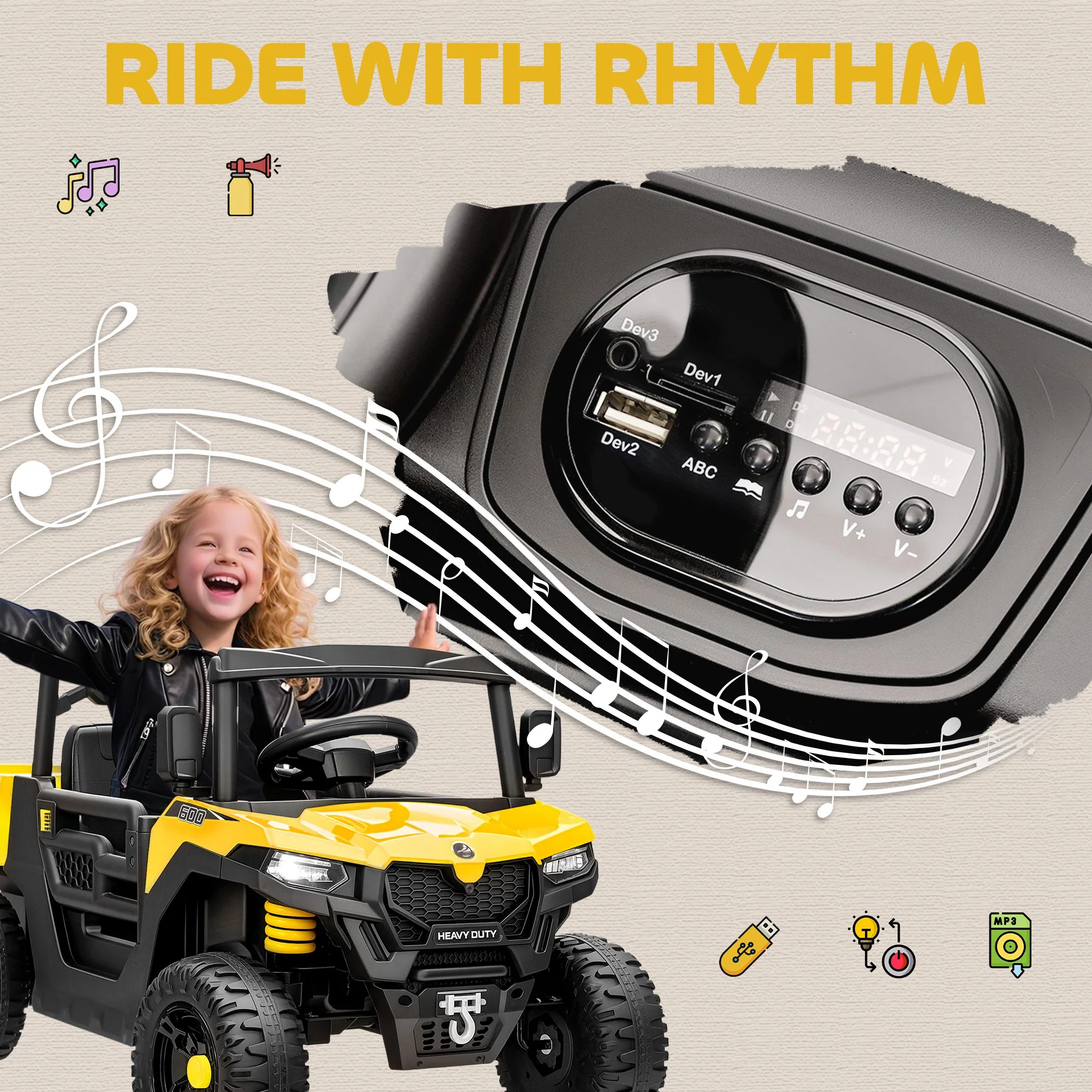 AIYAPLAY 12V Kids Ride on Car, Kids UTV with Electric Dump Bed, Yellow - Image 8