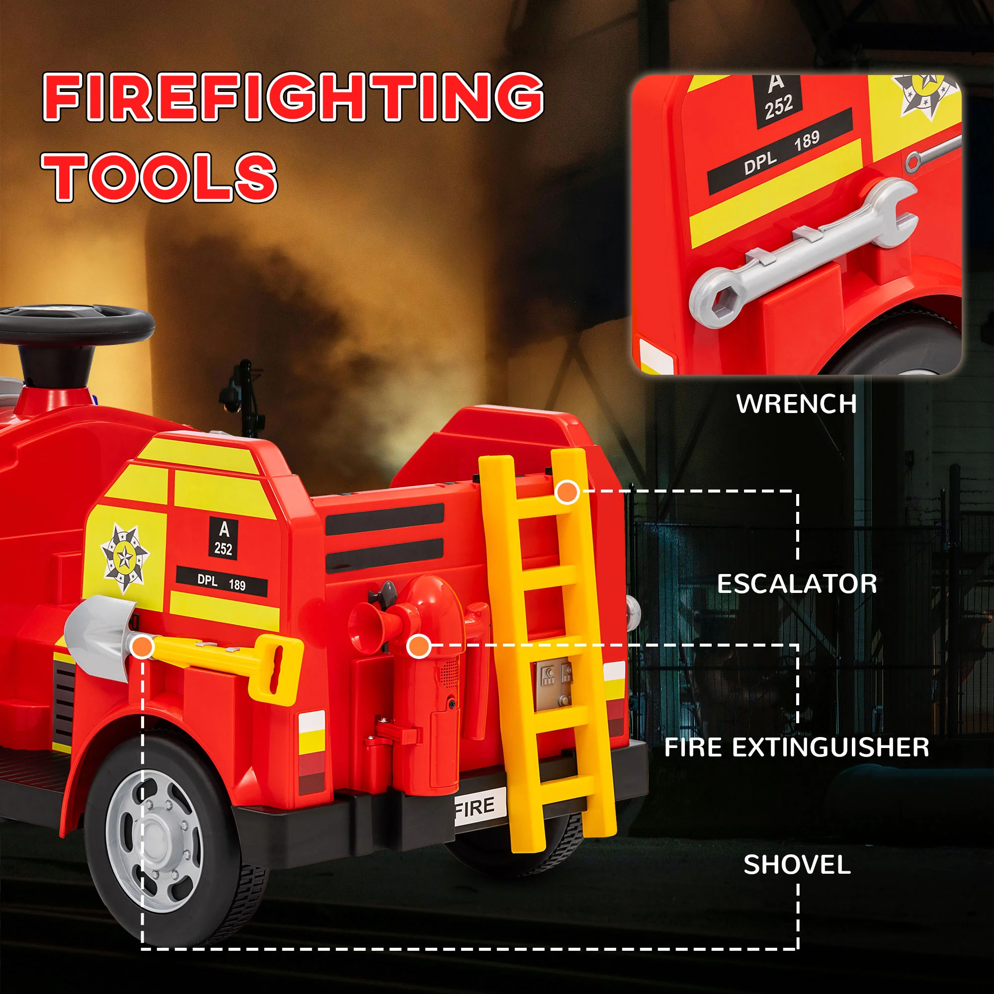 AIYAPLAY 12V Ride on Fire Truck w/ Siren Flashing Lights - Image 4