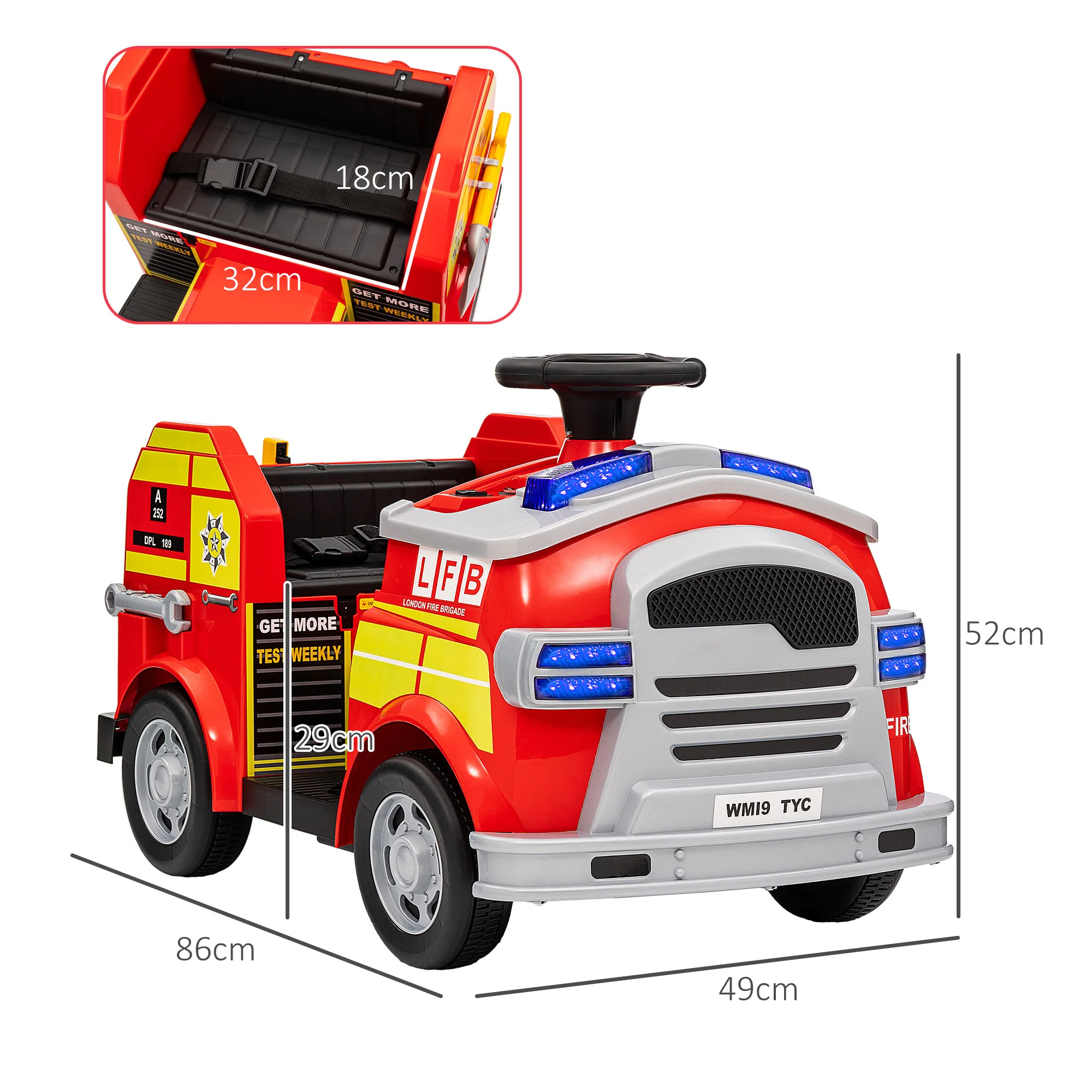 AIYAPLAY 12V Ride on Fire Truck w/ Siren Flashing Lights - Image 5