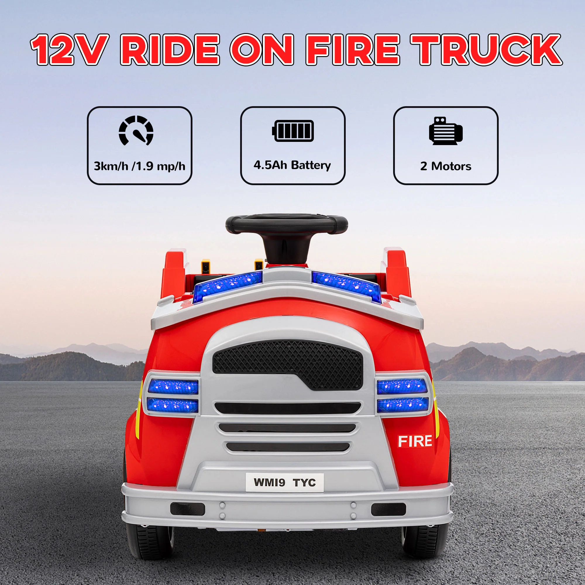 AIYAPLAY 12V Ride on Fire Truck w/ Siren Flashing Lights - Image 7