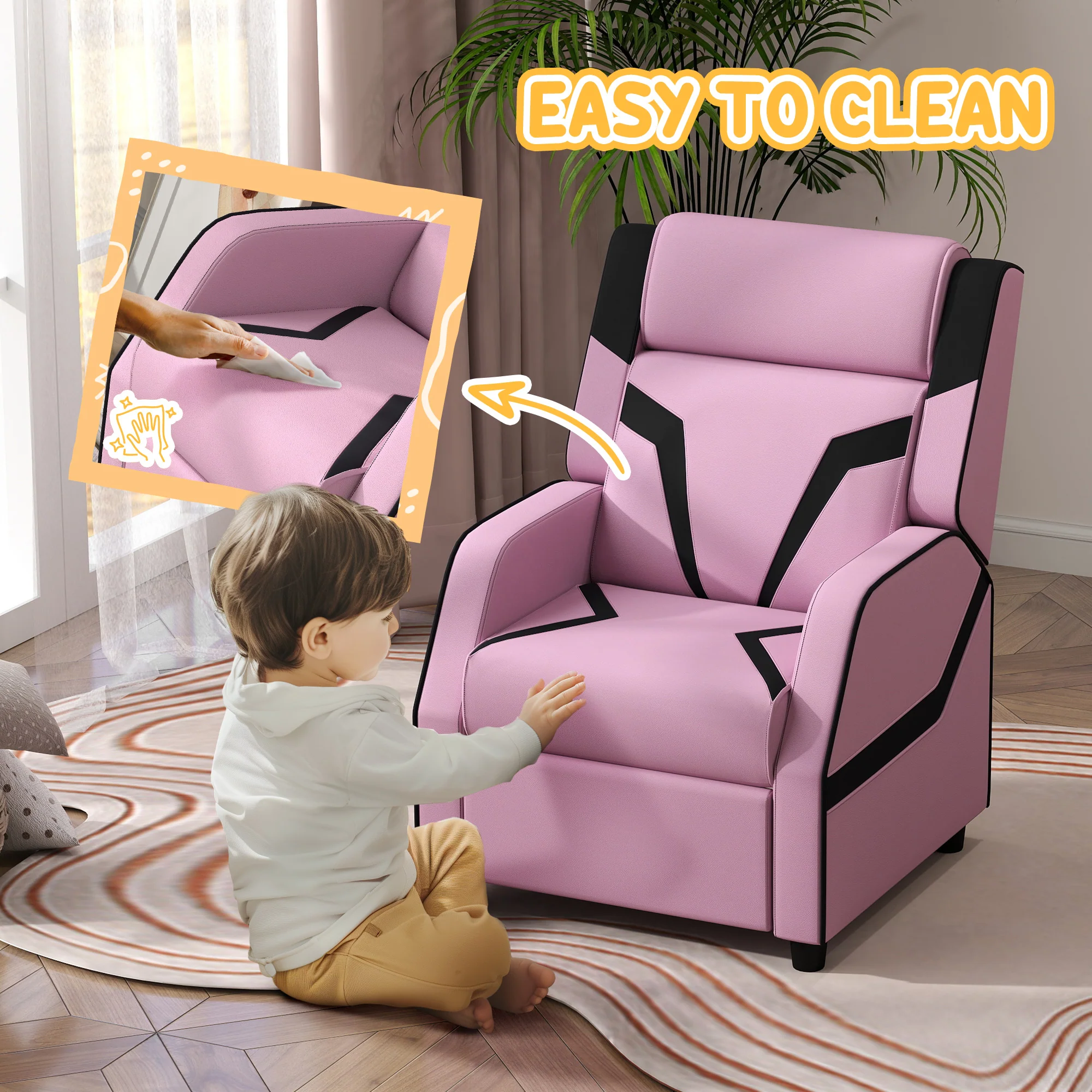 AIYAPLAY 2 In 1 Kids Armchair Recliner, PU Leather, For 3-9 Years Old, Pink - Image 7