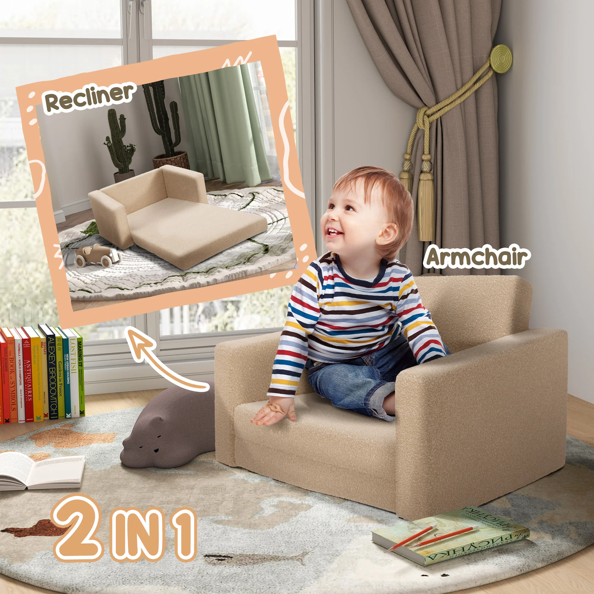 AIYAPLAY 2 in 1 Kids Chair Recliner with Washable Cushion, Cover, Khaki - Image 3
