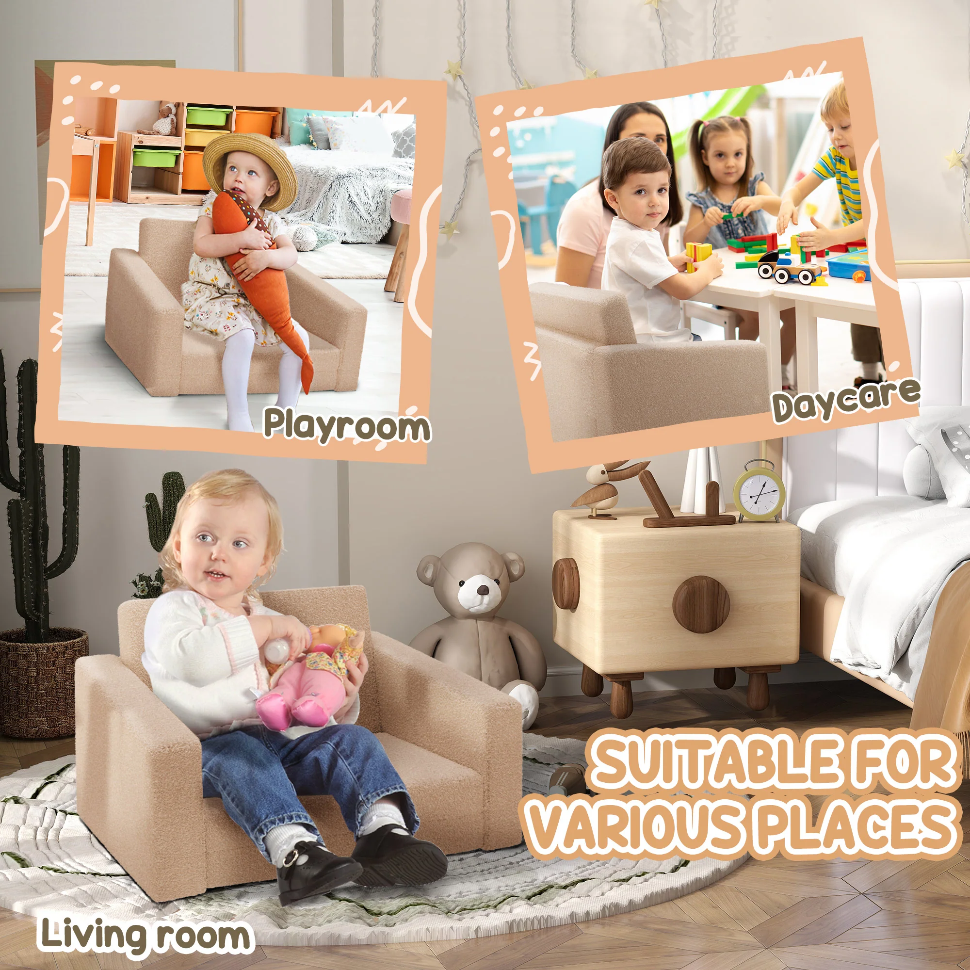 AIYAPLAY 2 in 1 Kids Chair Recliner with Washable Cushion, Cover, Khaki - Image 4