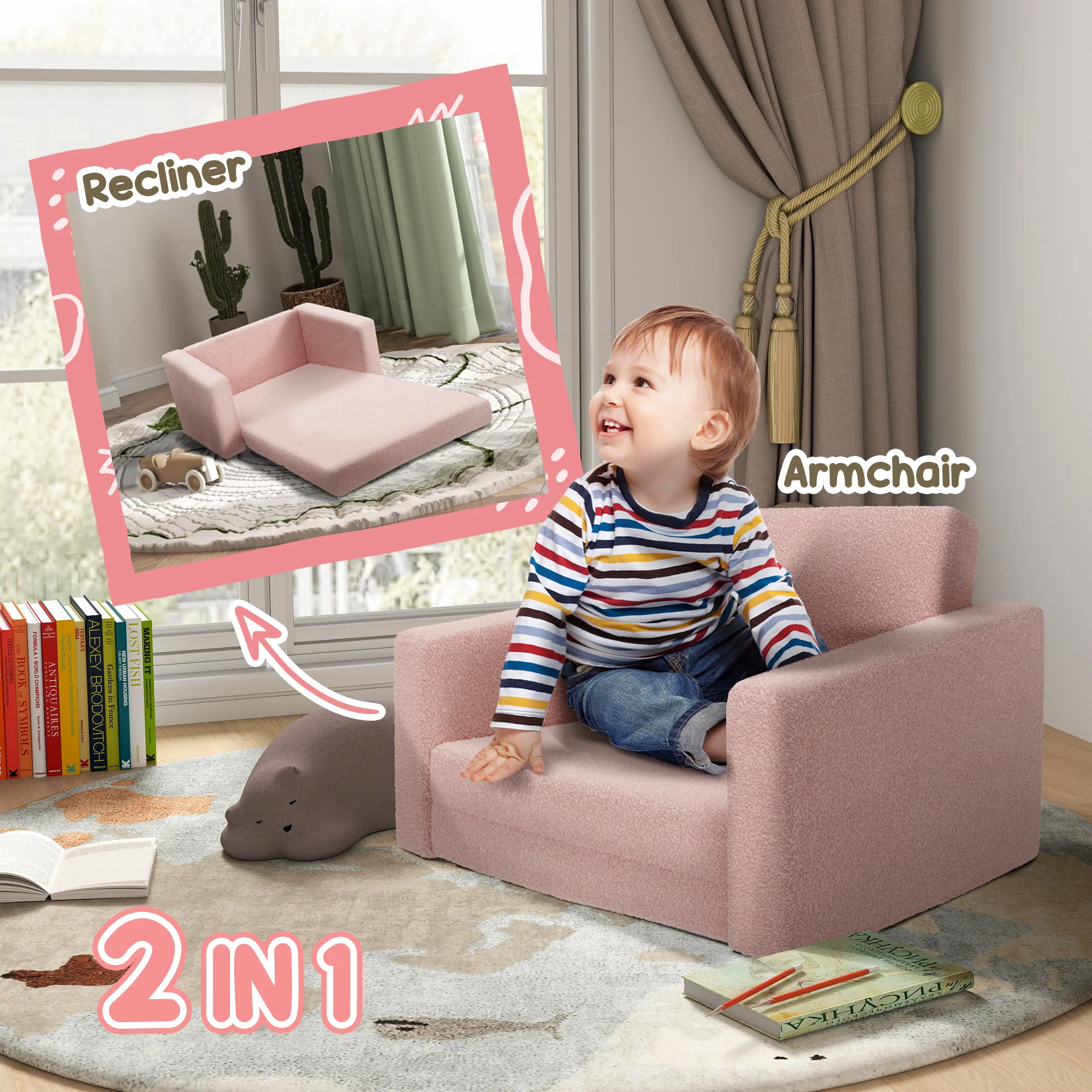 AIYAPLAY 2 in 1 Kids Chair Recliner with Washable Cushion, Cover, Pink - Image 3