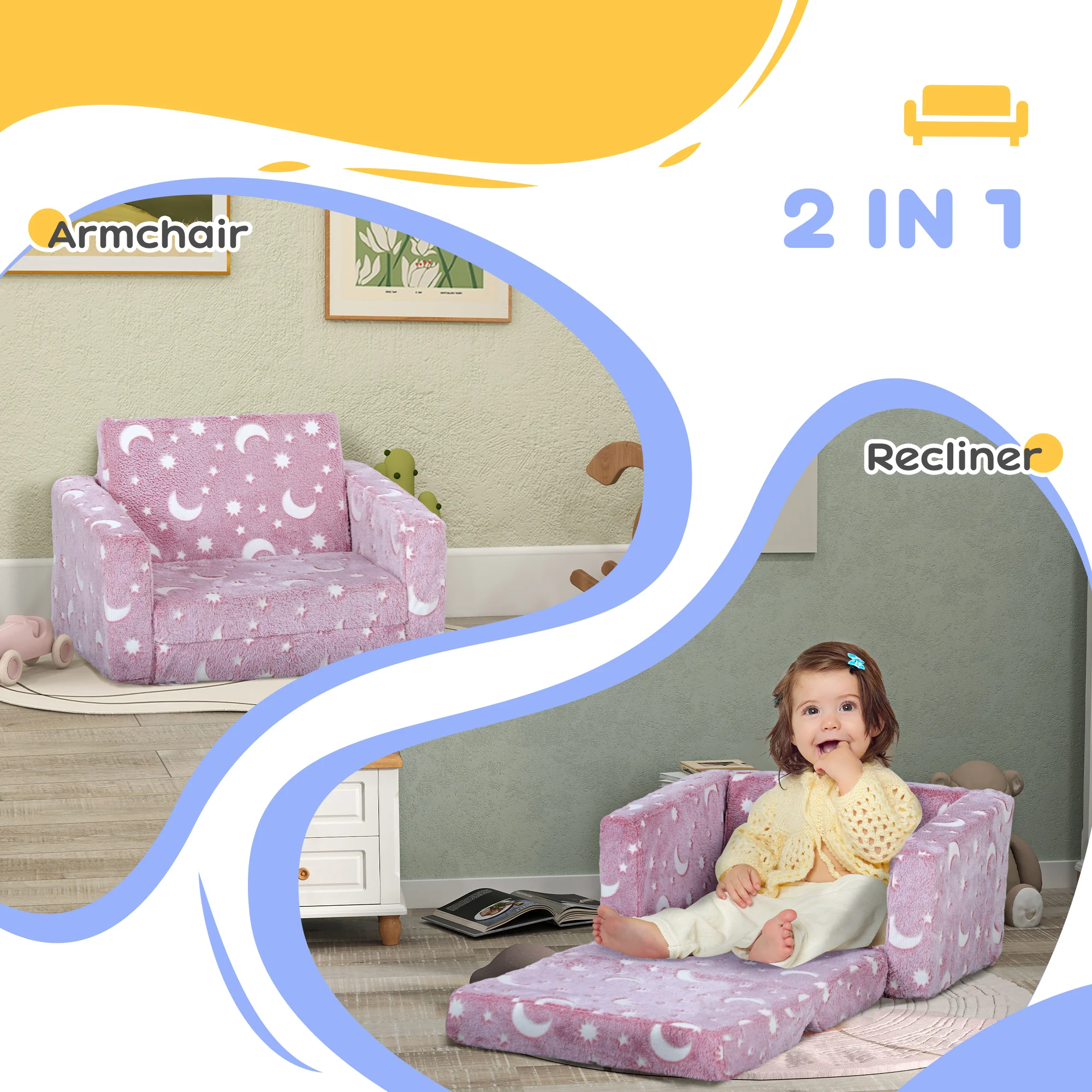 AIYAPLAY 2 In 1 Kids Folding Bed With Glow In The Dark Cosmic Design, Pink - Image 4